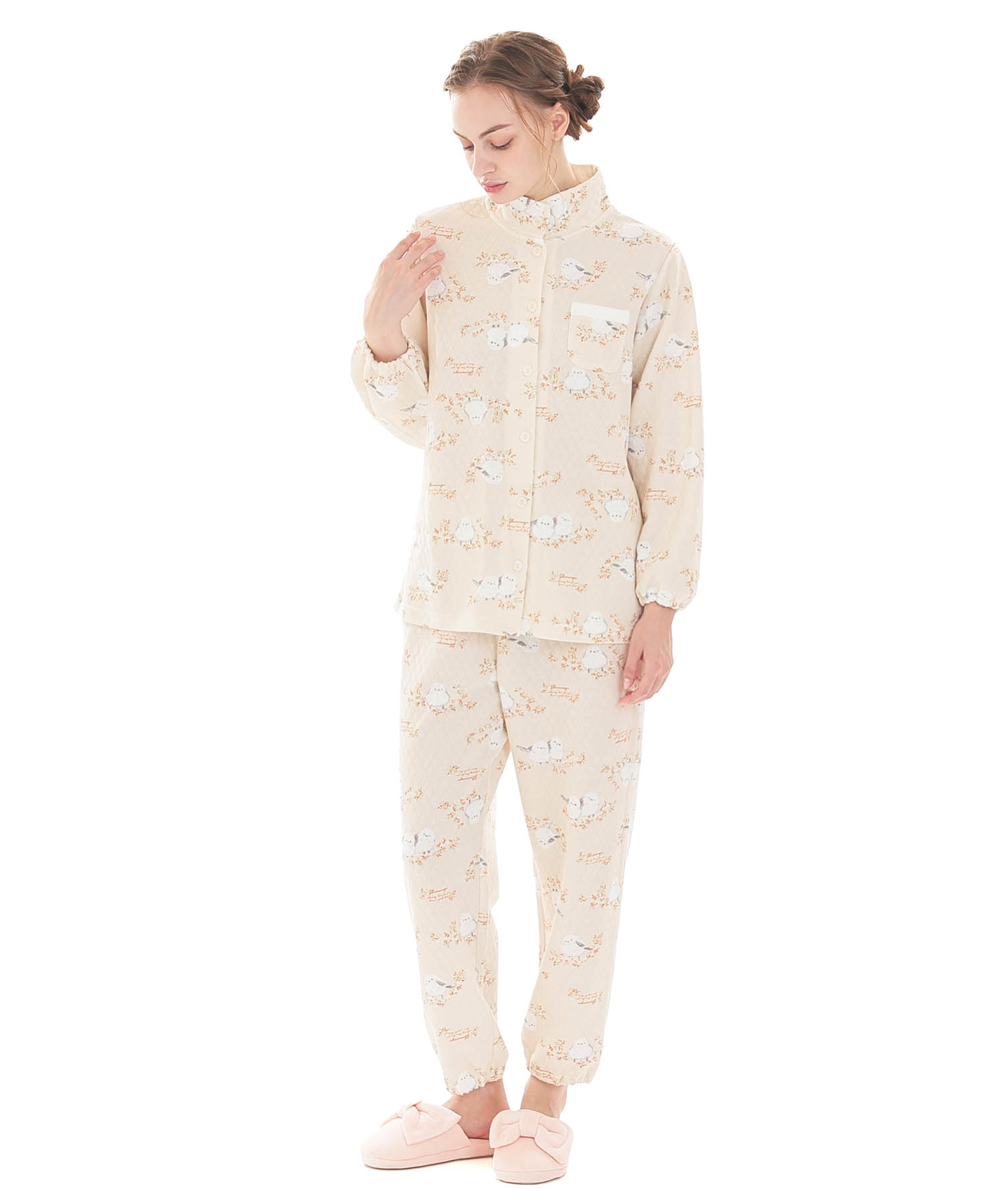 接結（綿入り）シマエナガスタンドカラーパジャマ_パジャマ&ルームウェア-セットアップ_オレンジ_1