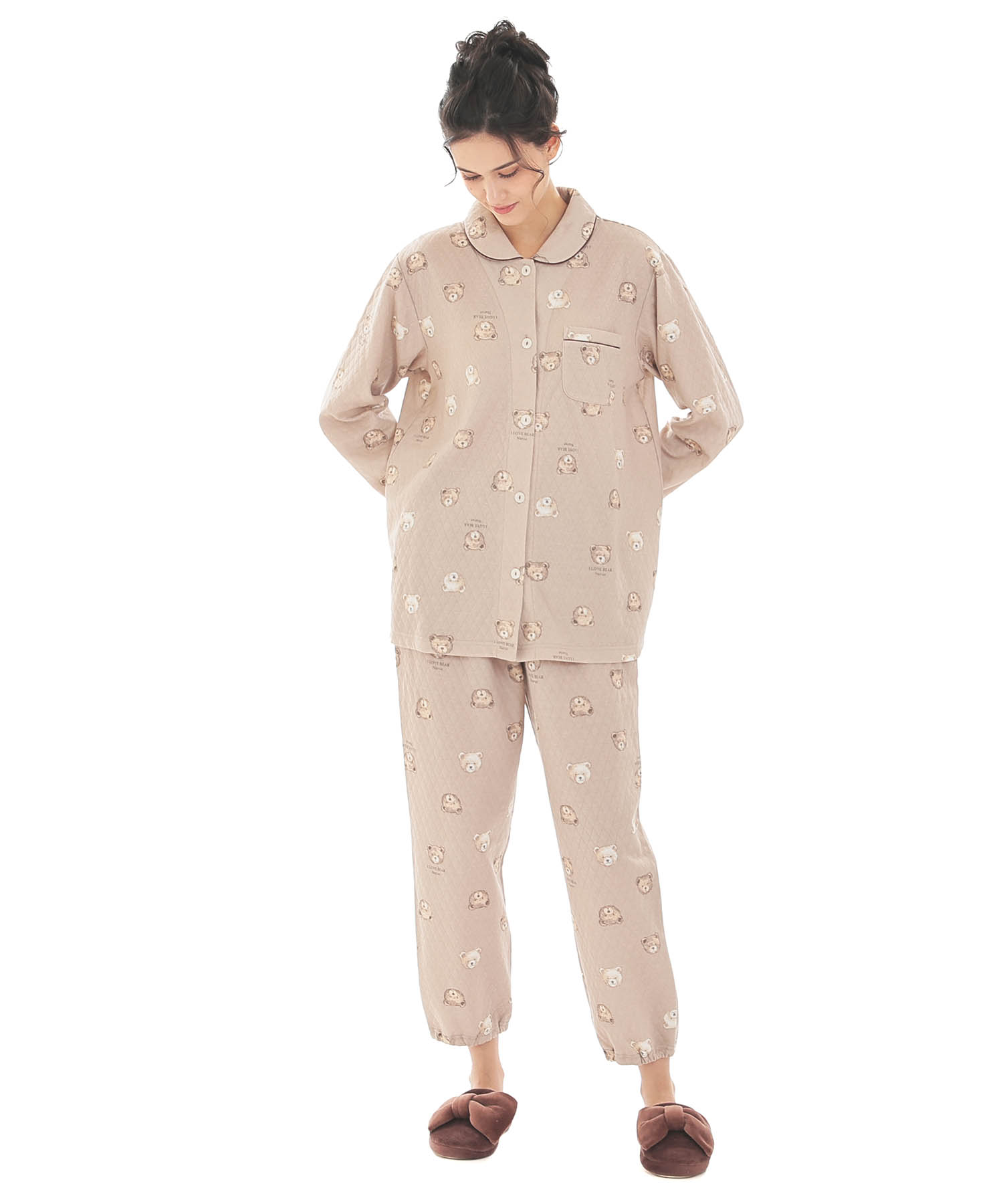 接結（綿入り）くまシャツパジャマ_パジャマ&ルームウェア-セットアップ_ベージュ_1