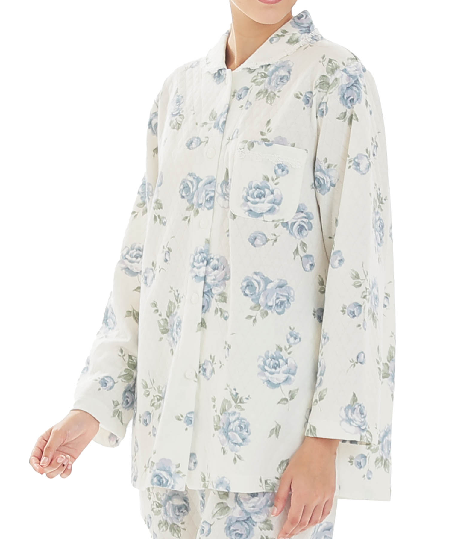 接結（綿入り）ローズシャツパジャマ_パジャマ&ルームウェア-セットアップ_ブルー_0