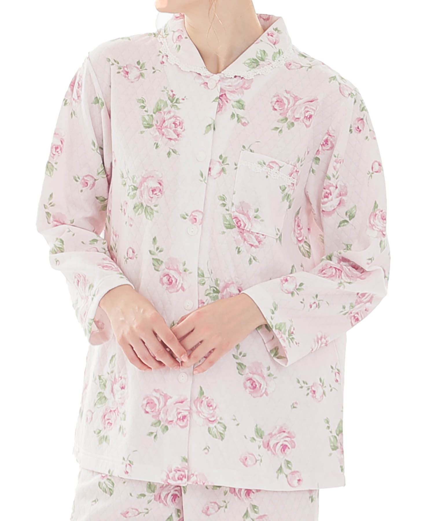 接結（綿入り）ローズシャツパジャマ_パジャマ&ルームウェア-セットアップ_ピンク_0