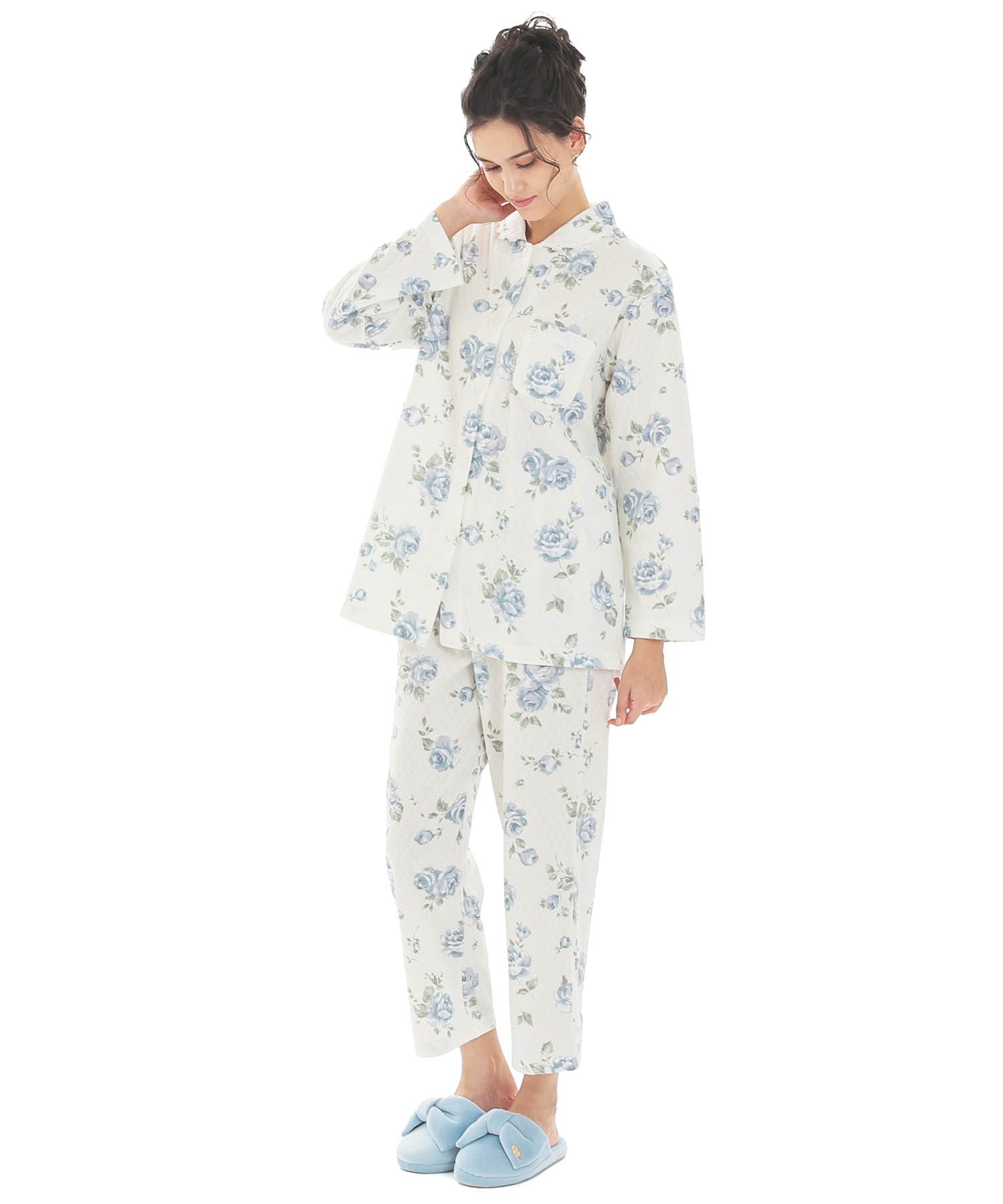 接結（綿入り）ローズシャツパジャマ_パジャマ&ルームウェア-セットアップ_ブルー_1
