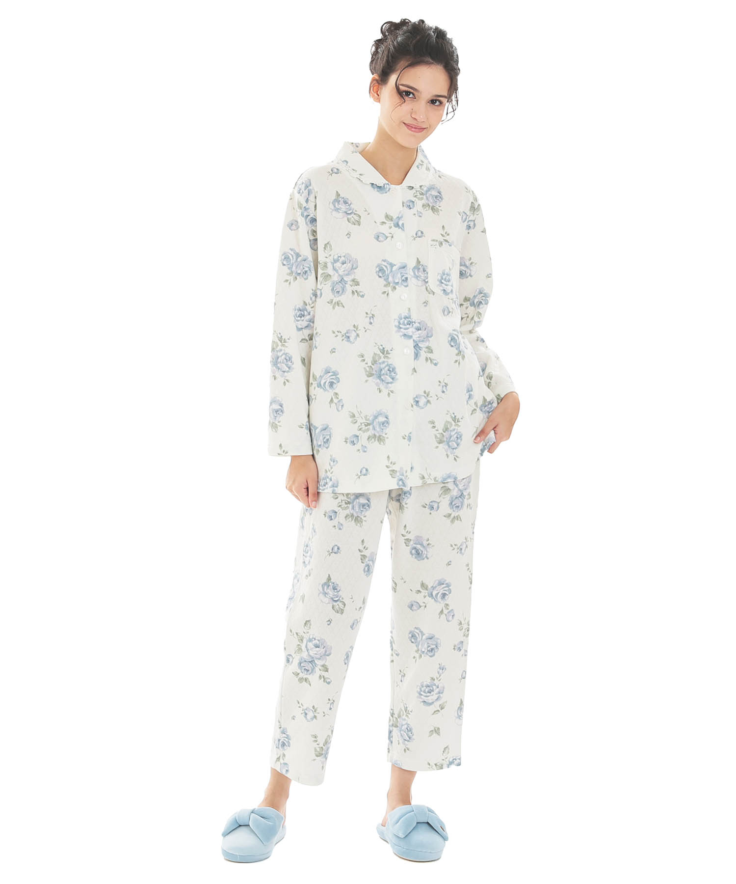 接結（綿入り）ローズシャツパジャマ_パジャマ&ルームウェア-セットアップ_ブルー_2