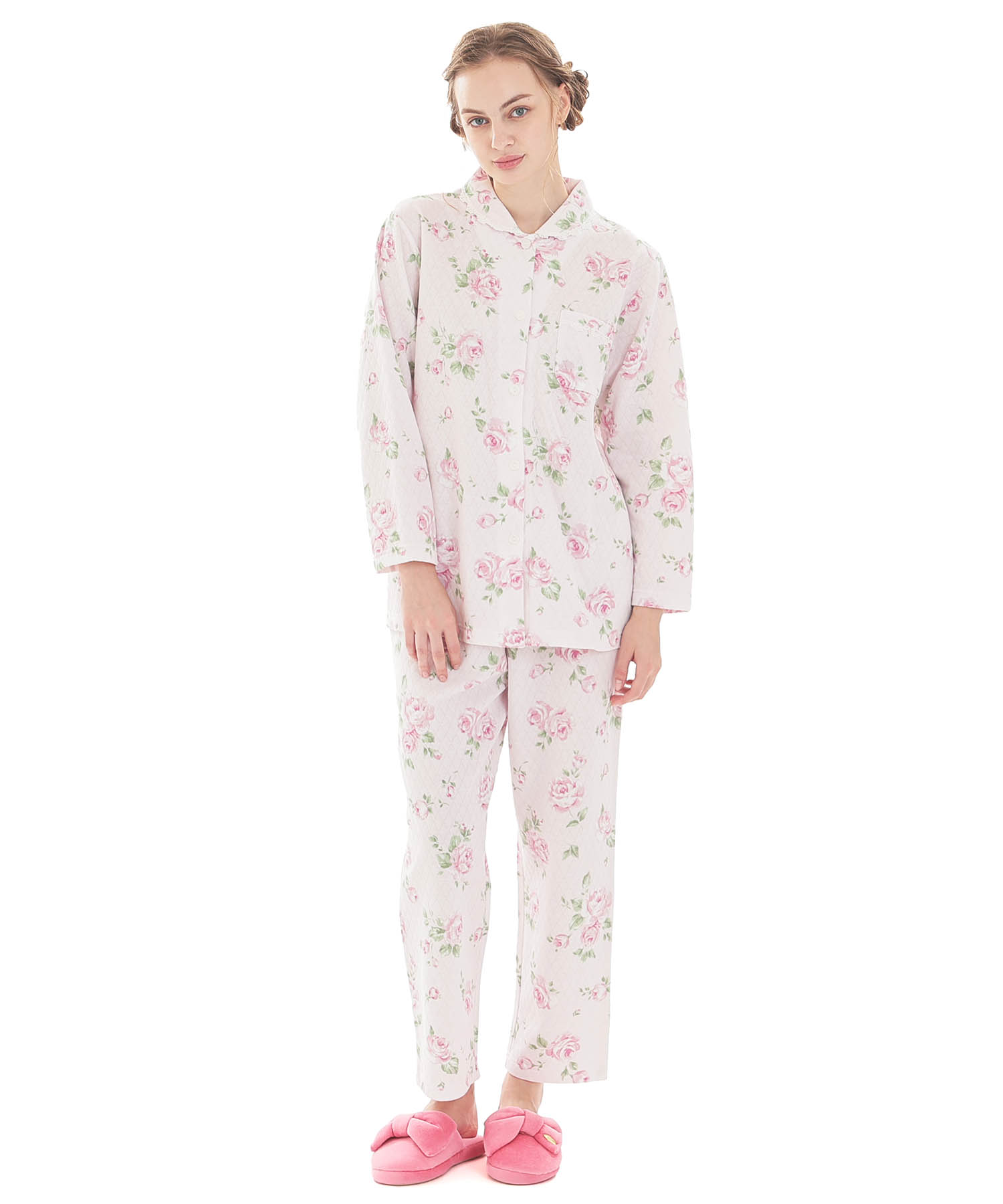 接結（綿入り）ローズシャツパジャマ_パジャマ&ルームウェア-セットアップ_ピンク_1