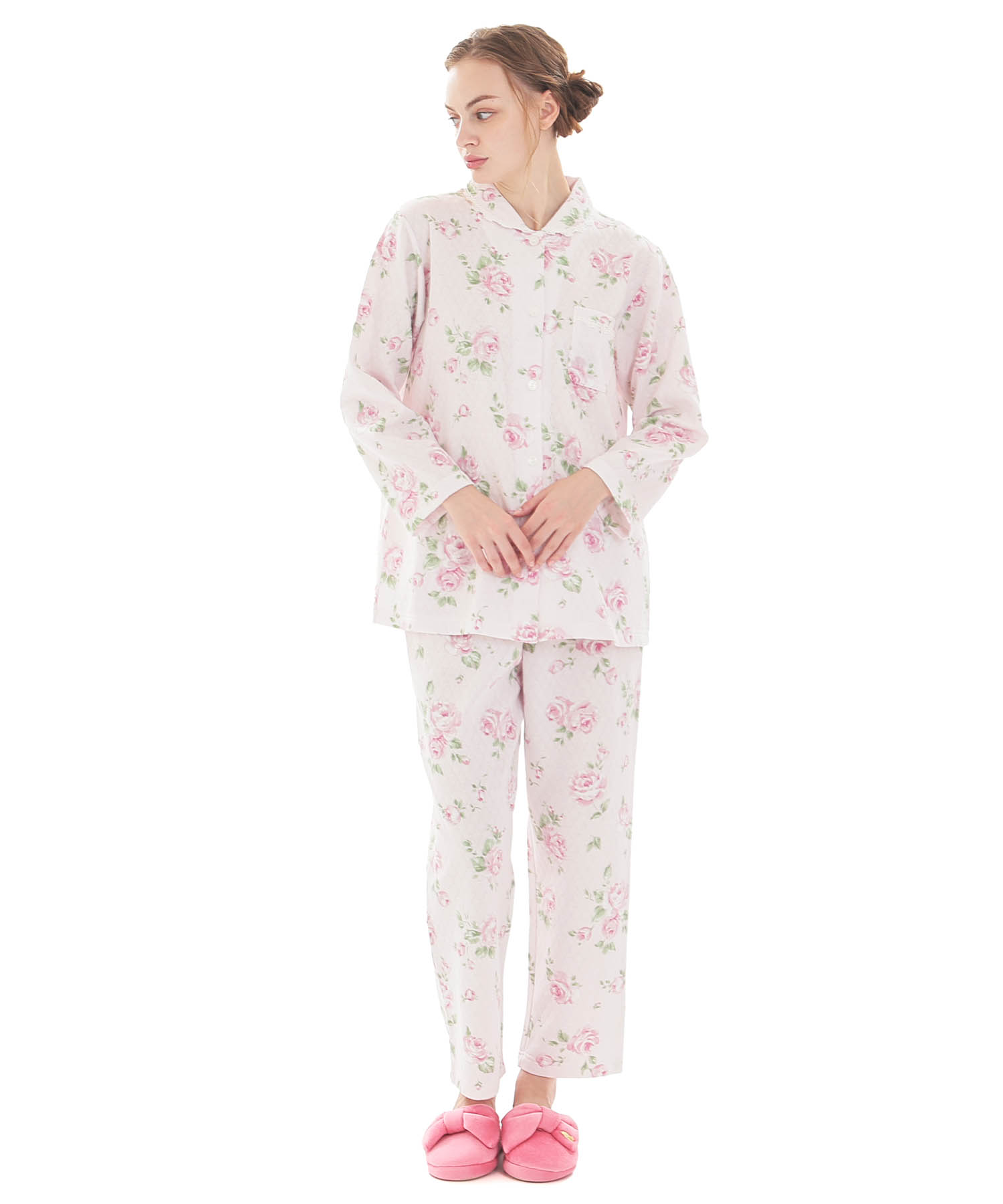 接結（綿入り）ローズシャツパジャマ_パジャマ&ルームウェア-セットアップ_ピンク_2