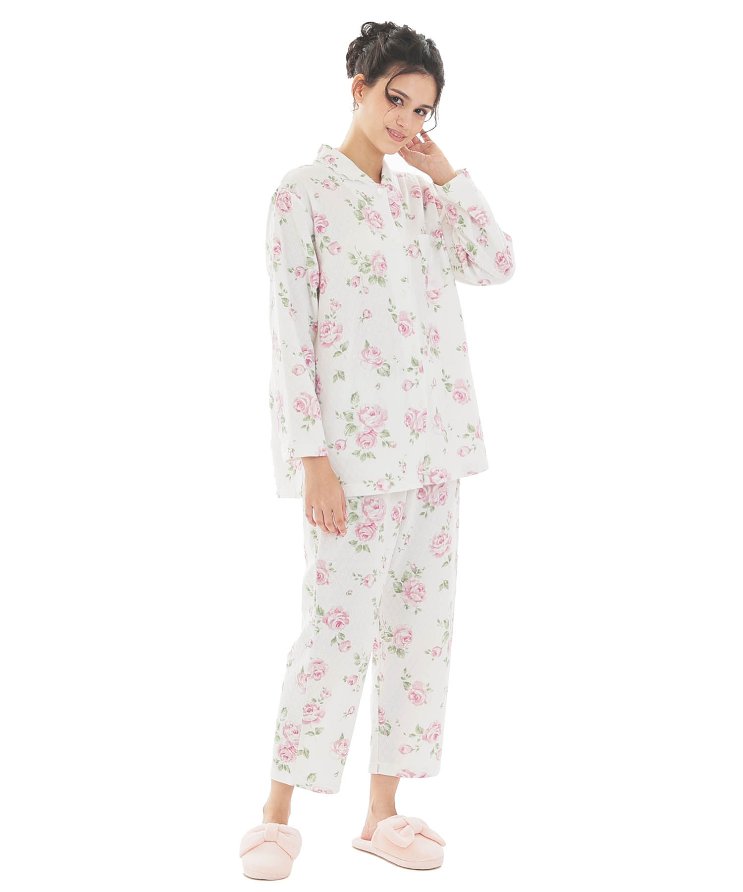 接結（綿入り）ローズシャツパジャマ_パジャマ&ルームウェア-セットアップ_ホワイト_1