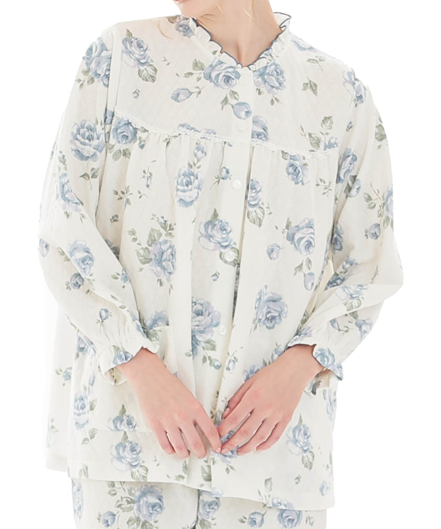 接結（綿入り）ローズフリルパジャマ_パジャマ&ルームウェア-セットアップ_ブルー_0