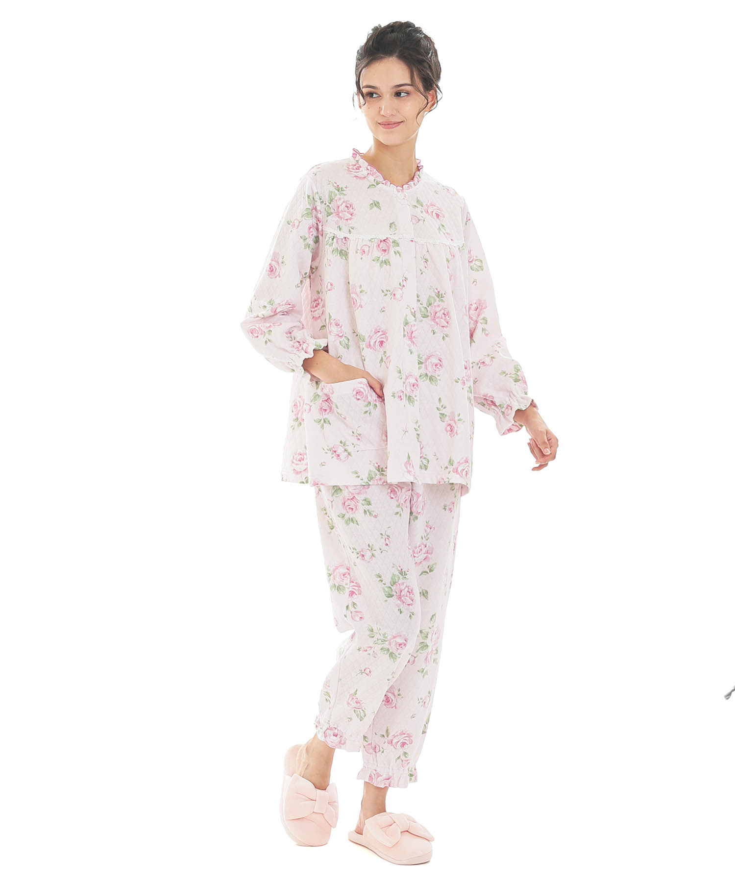 接結（綿入り）ローズフリルパジャマ_パジャマ&ルームウェア-セットアップ_ピンク_1