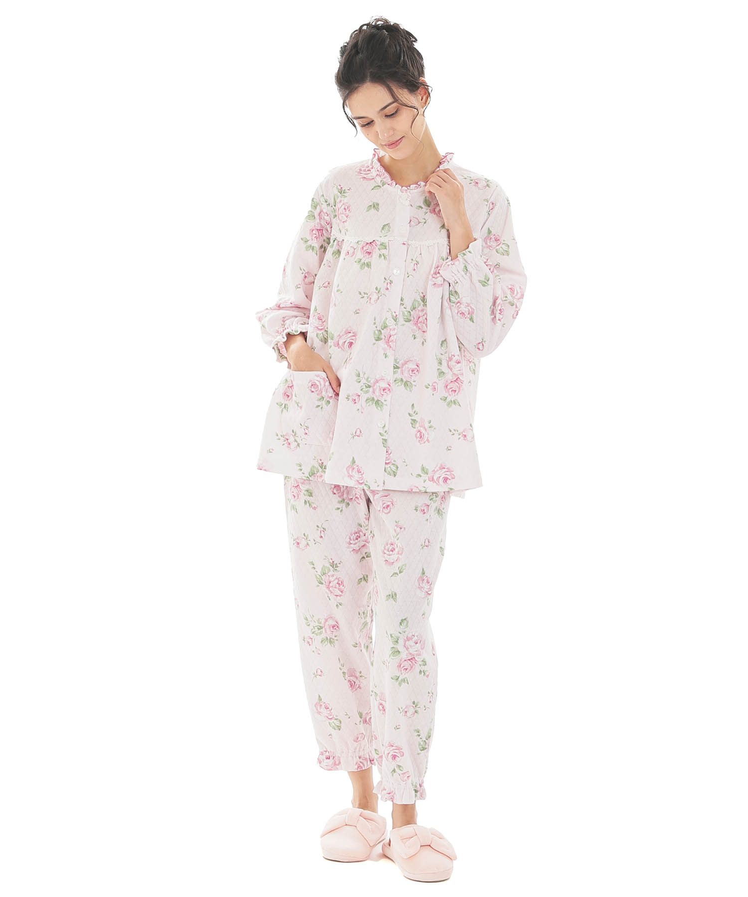 接結（綿入り）ローズフリルパジャマ_パジャマ&ルームウェア-セットアップ_ピンク_2