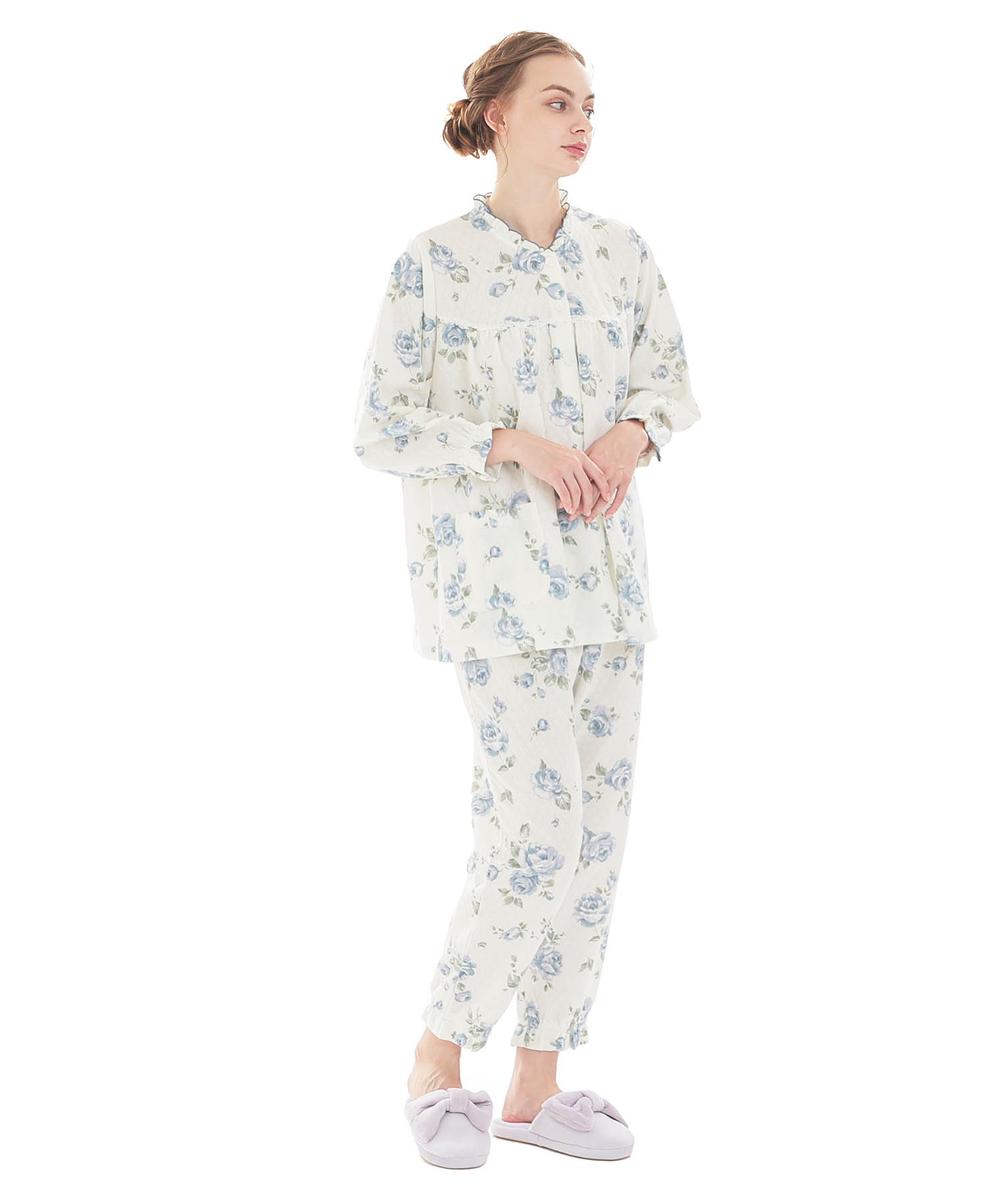 接結（綿入り）ローズフリルパジャマ_パジャマ&ルームウェア-セットアップ_ブルー_1