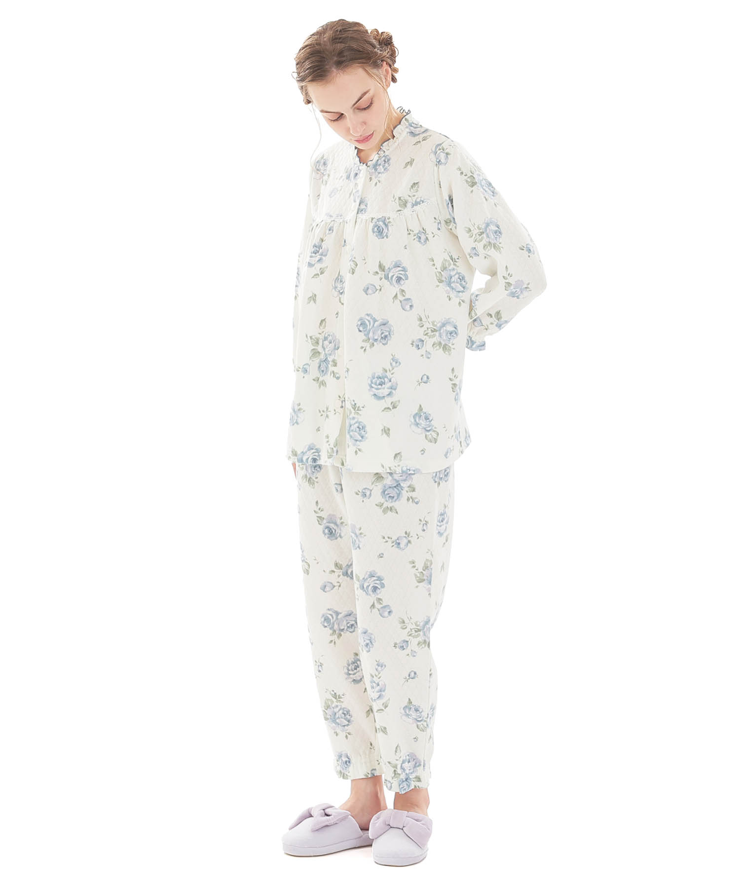 接結（綿入り）ローズフリルパジャマ_パジャマ&ルームウェア-セットアップ_ブルー_2