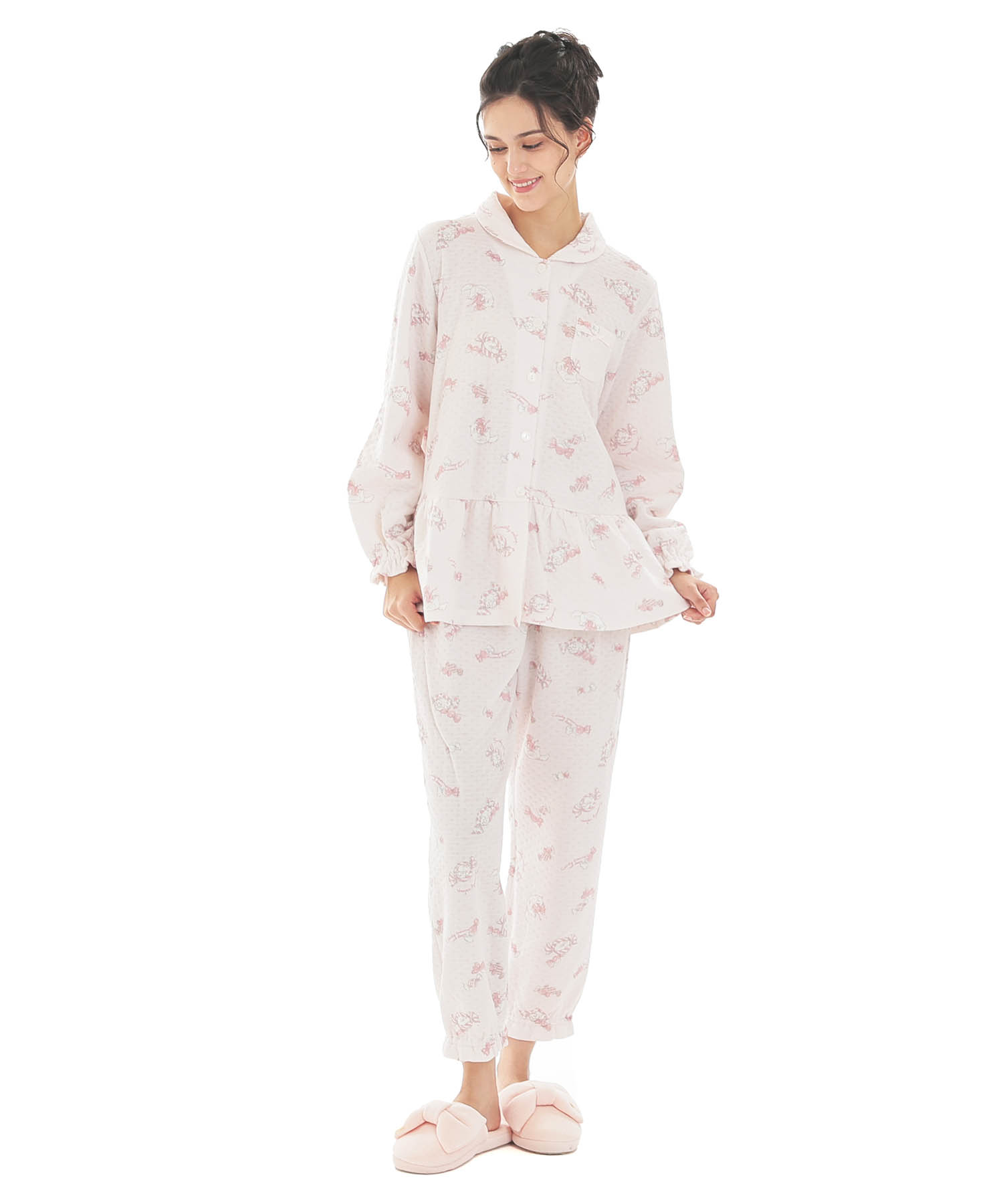 接結（綿入り）ボンボンキャットシャツパジャマ_パジャマ&ルームウェア-セットアップ_ピンク_1