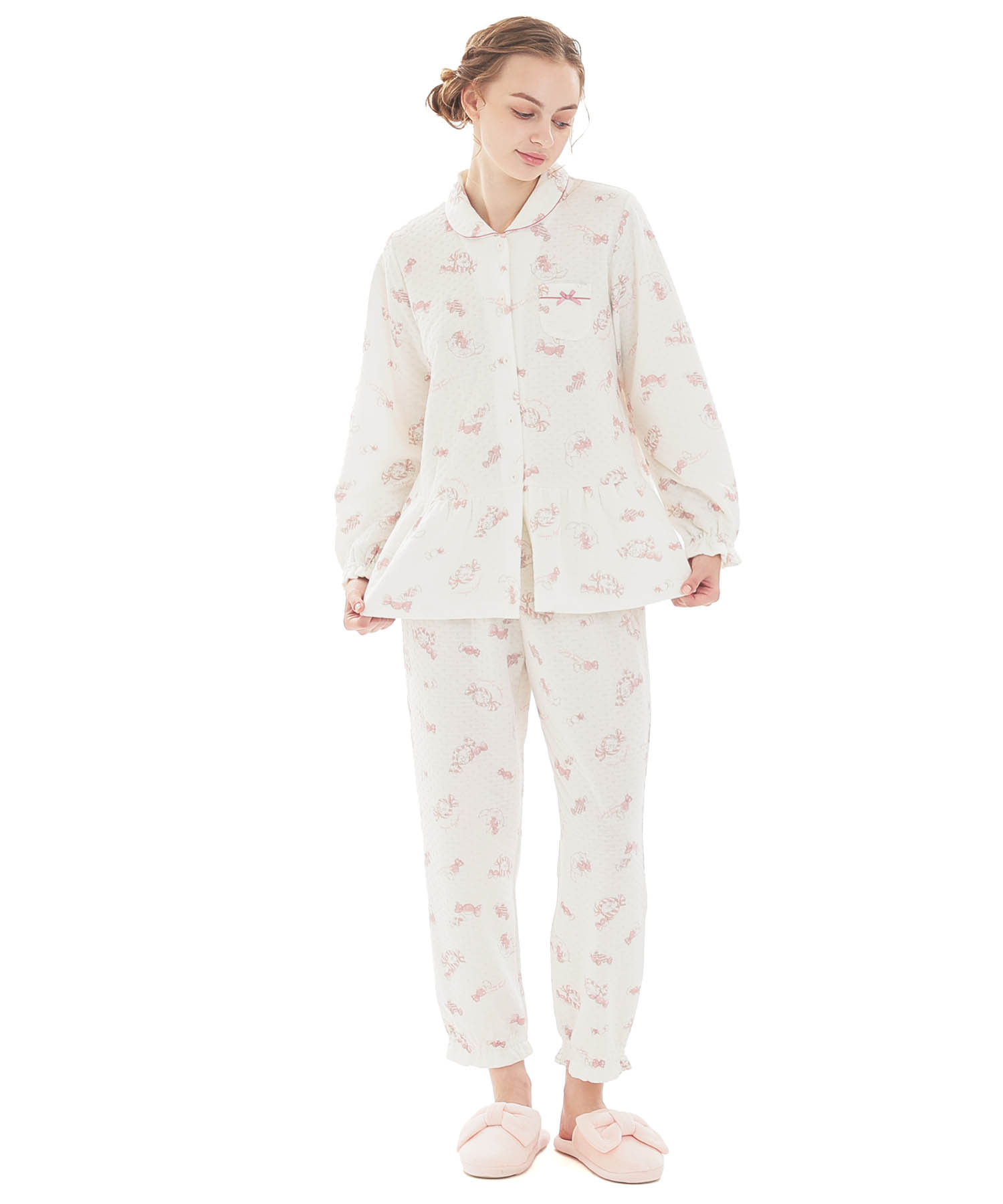 接結（綿入り）ボンボンキャットシャツパジャマ_パジャマ&ルームウェア-セットアップ_ホワイト_2