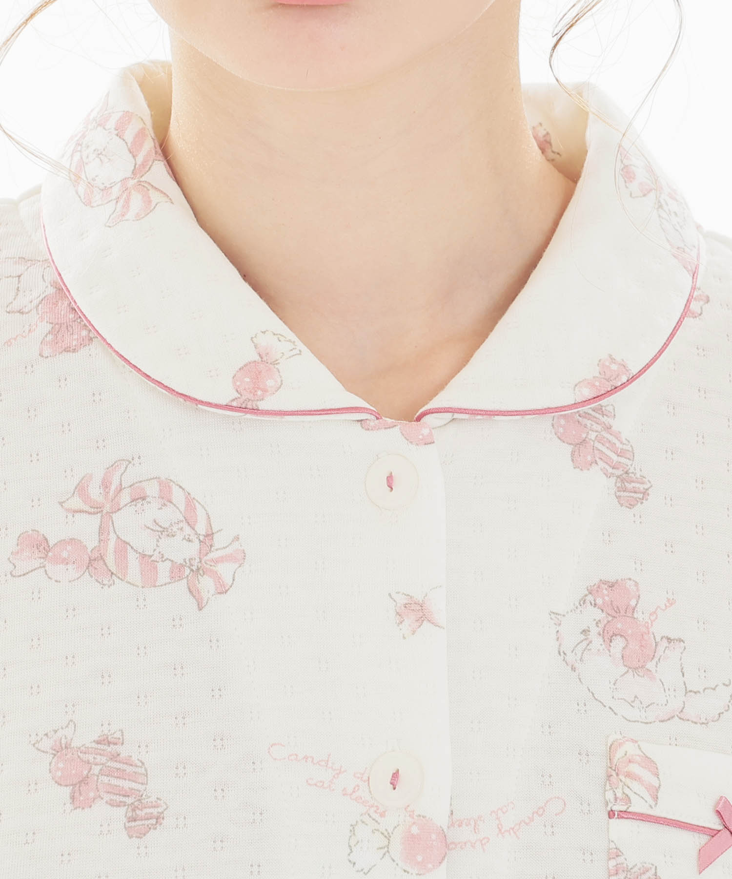 接結（綿入り）ボンボンキャットシャツパジャマ_パジャマ&ルームウェア-セットアップ_ホワイト_3