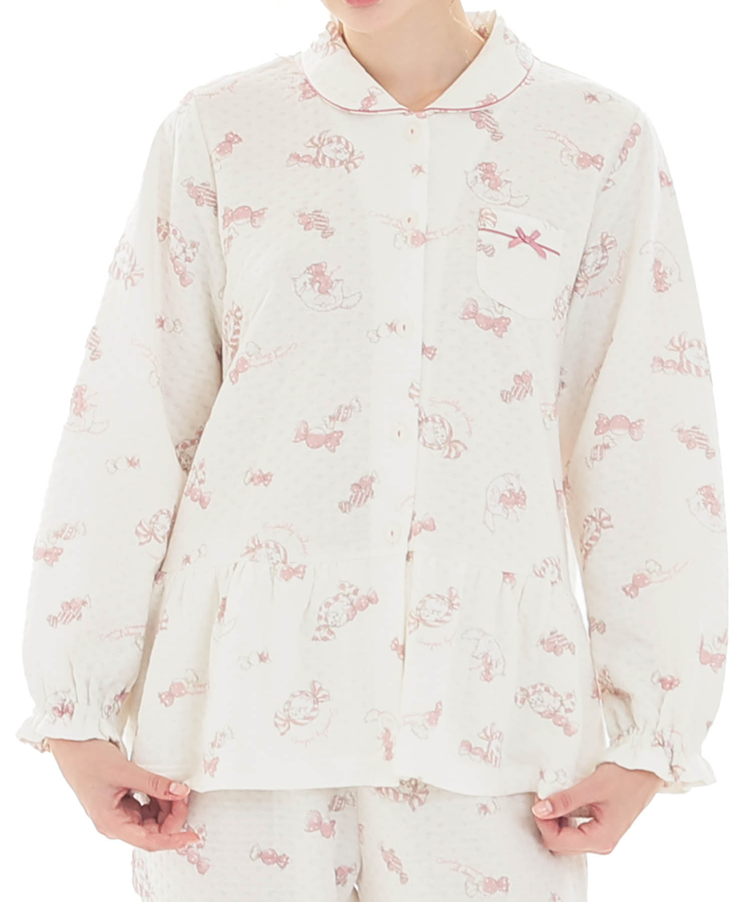 接結（綿入り）ボンボンキャットシャツパジャマ_パジャマ&ルームウェア-セットアップ_ホワイト_0