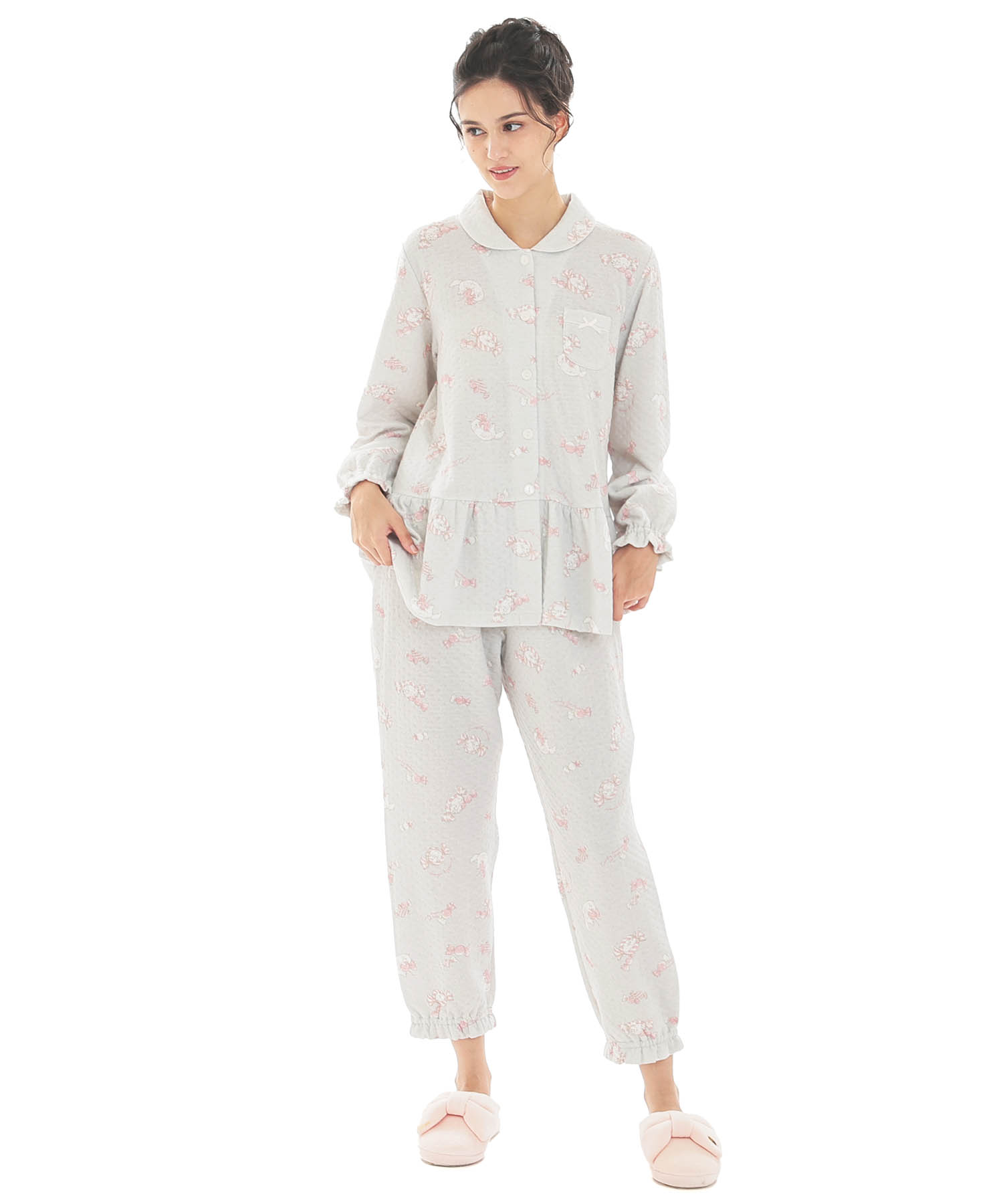 接結（綿入り）ボンボンキャットシャツパジャマ_パジャマ&ルームウェア-セットアップ_グレー_1