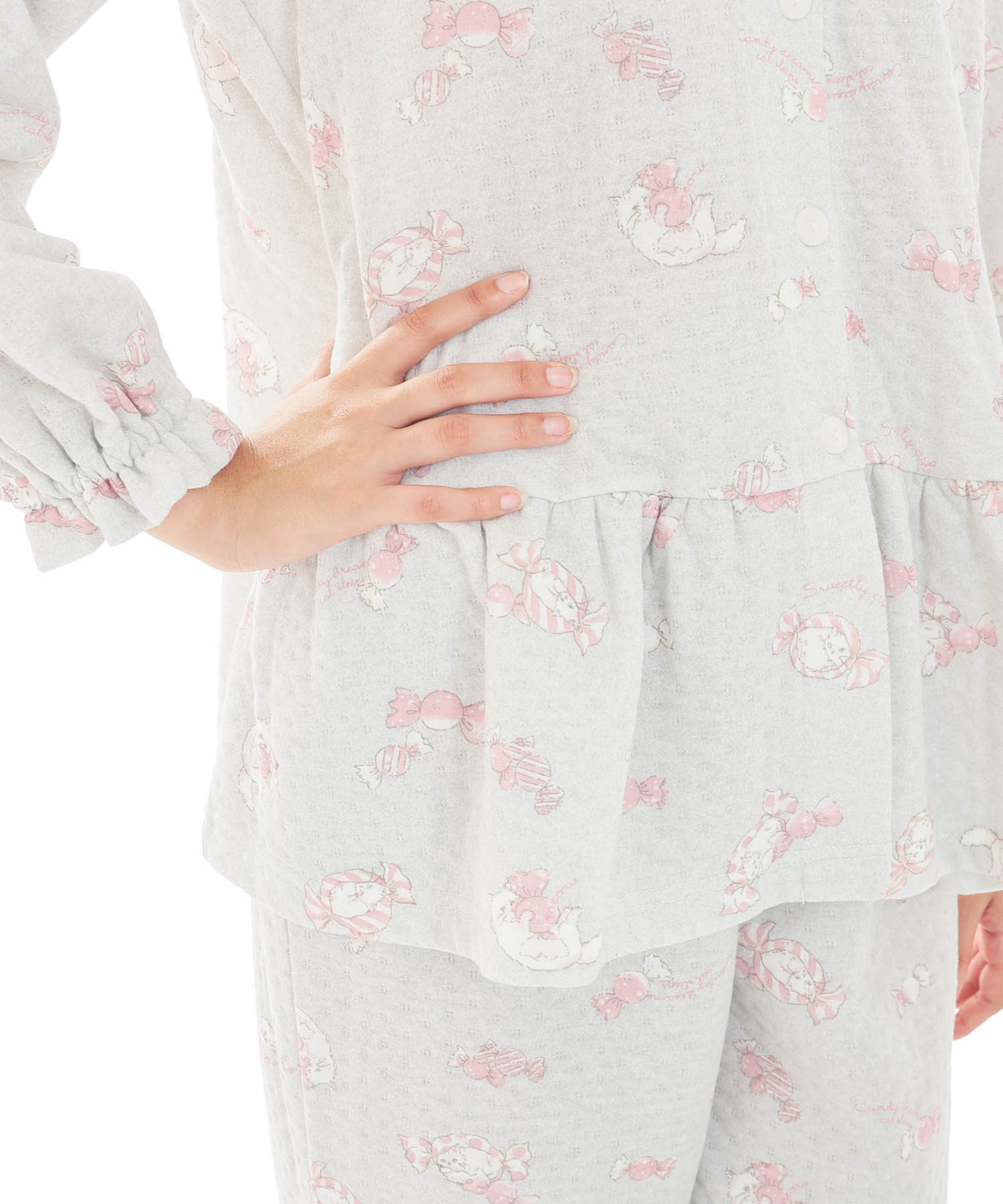 接結（綿入り）ボンボンキャットシャツパジャマ_パジャマ&ルームウェア-セットアップ_グレー_5