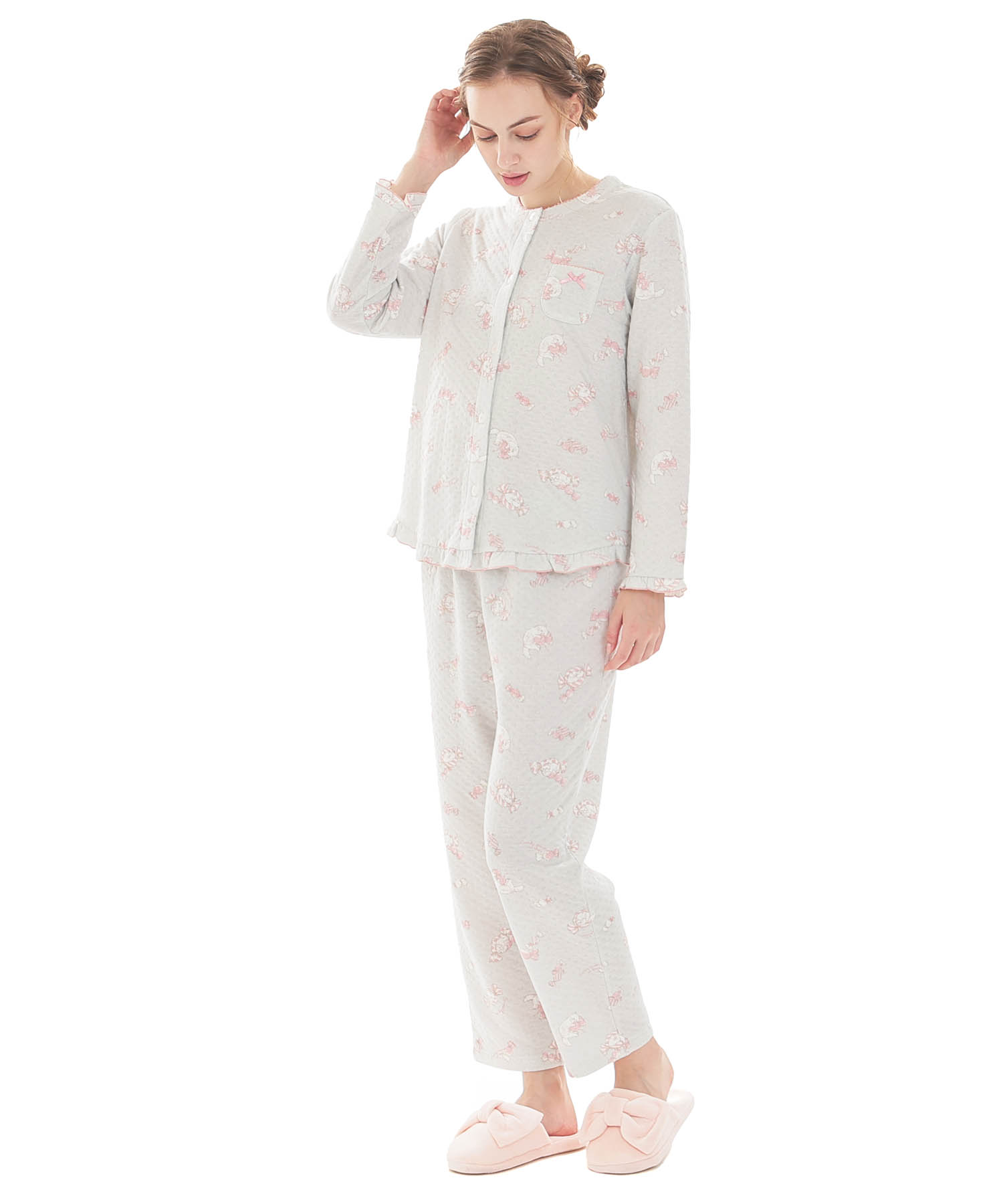 接結（綿入り）ボンボンキャットフリルパジャマ_パジャマ&ルームウェア-セットアップ_グレー_1