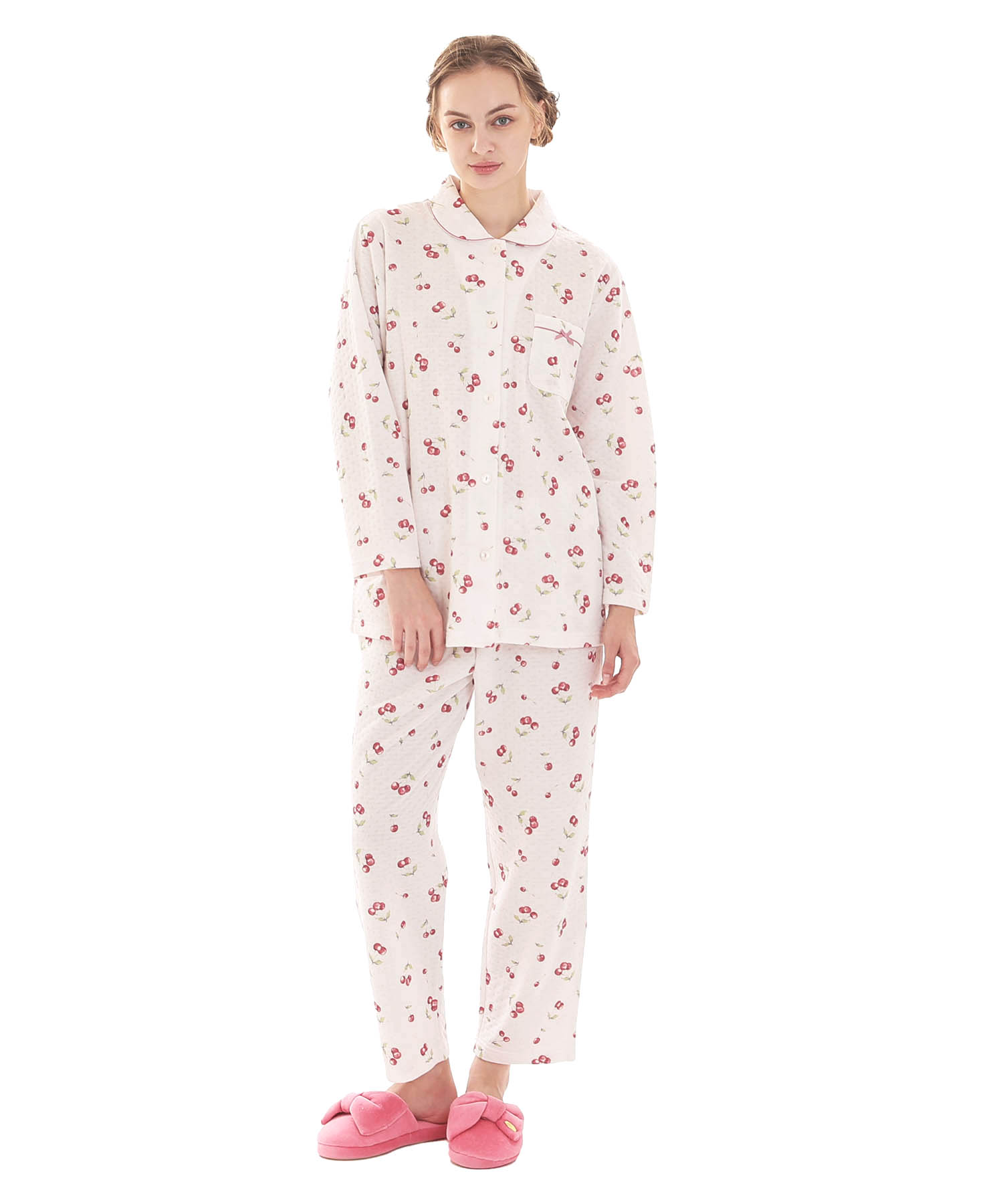 接結（綿入り）チェリーシャツパジャマ_パジャマ&ルームウェア-セットアップ_ピンク_2
