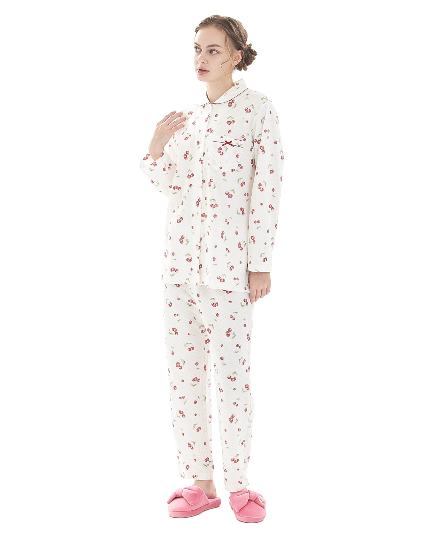 接結（綿入り）チェリーシャツパジャマ_パジャマ&ルームウェア-セットアップ_ホワイト_2