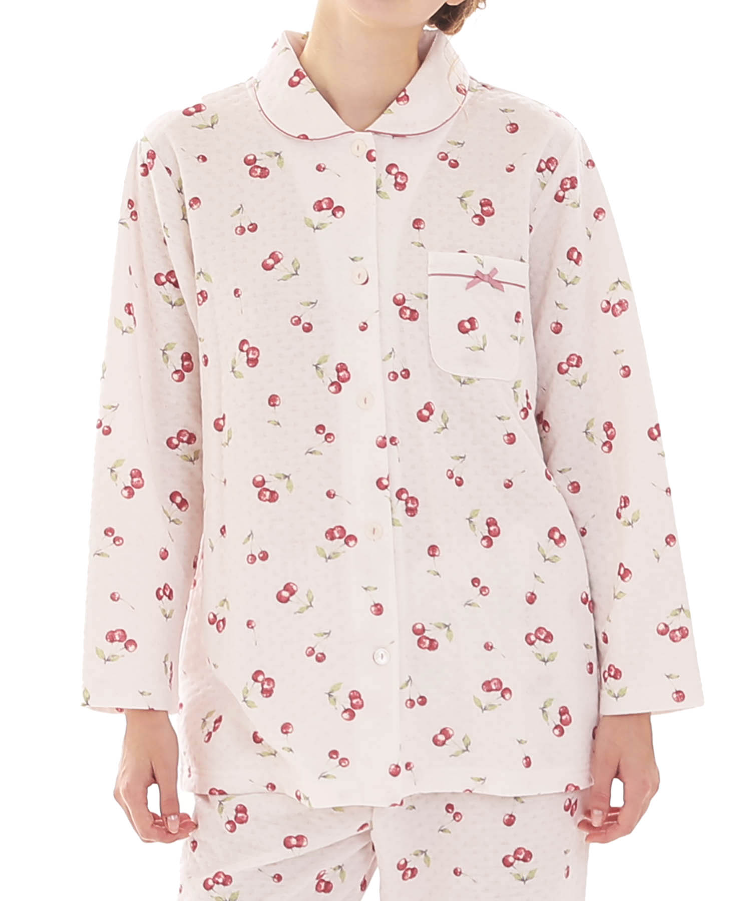 接結（綿入り）チェリーシャツパジャマ_パジャマ&ルームウェア-セットアップ_ピンク_0