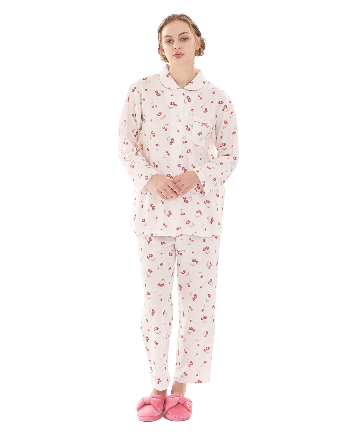 接結（綿入り）チェリーシャツパジャマ_パジャマ&ルームウェア-セットアップ_ピンク_1