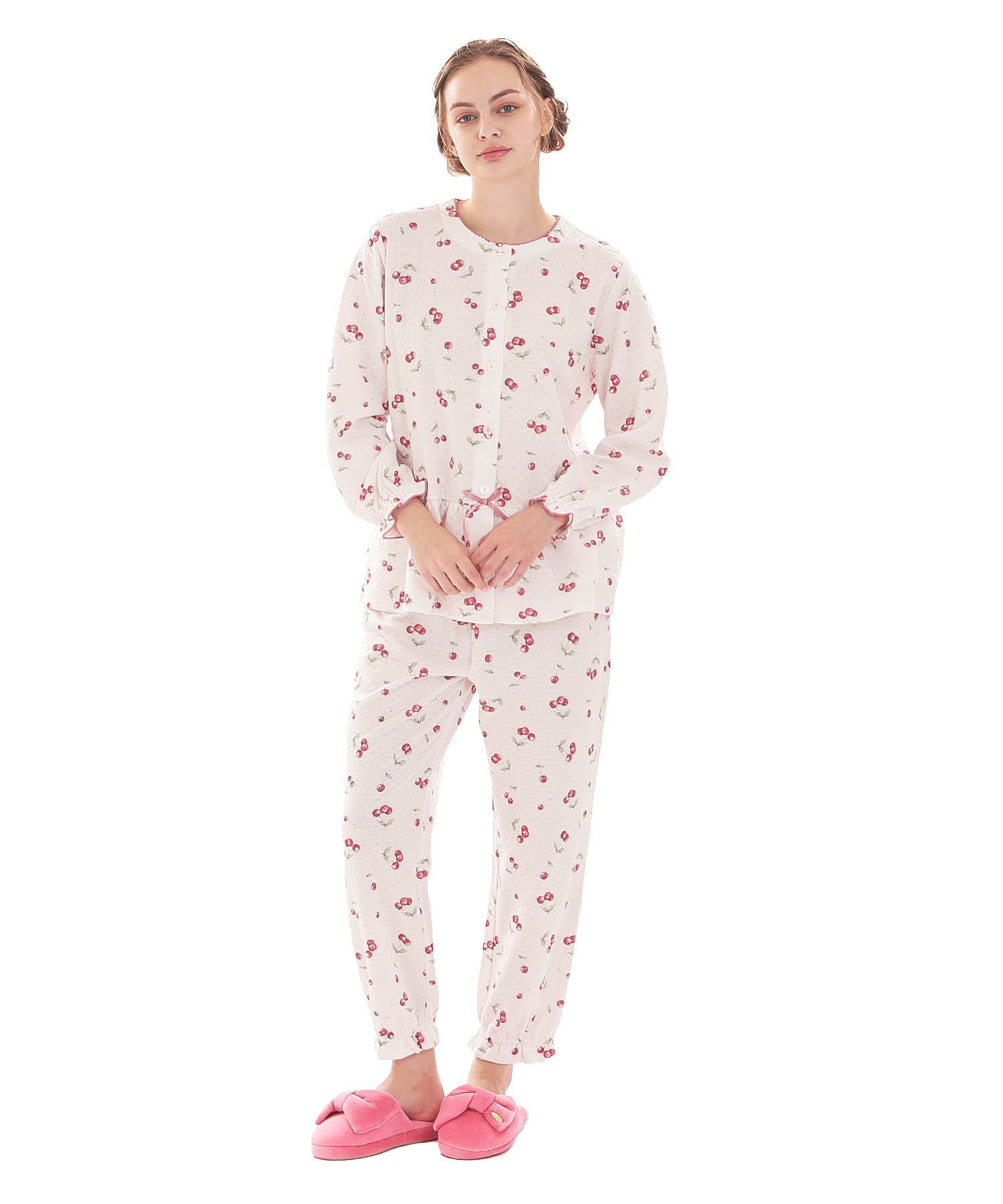 接結（綿入り）チェリーペプラムパジャマ_パジャマ&ルームウェア-セットアップ_ピンク_1