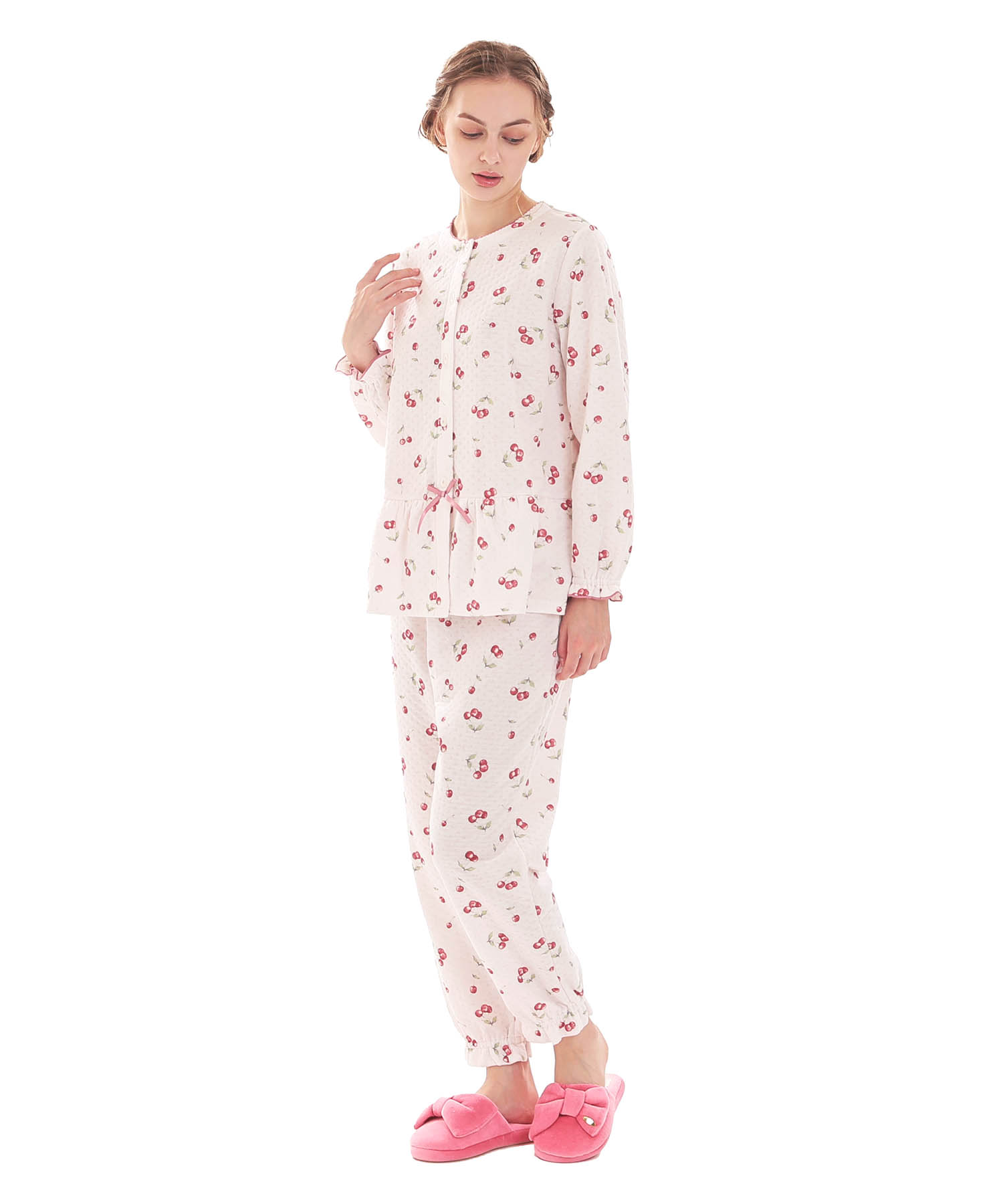 接結（綿入り）チェリーペプラムパジャマ_パジャマ&ルームウェア-セットアップ_ピンク_2