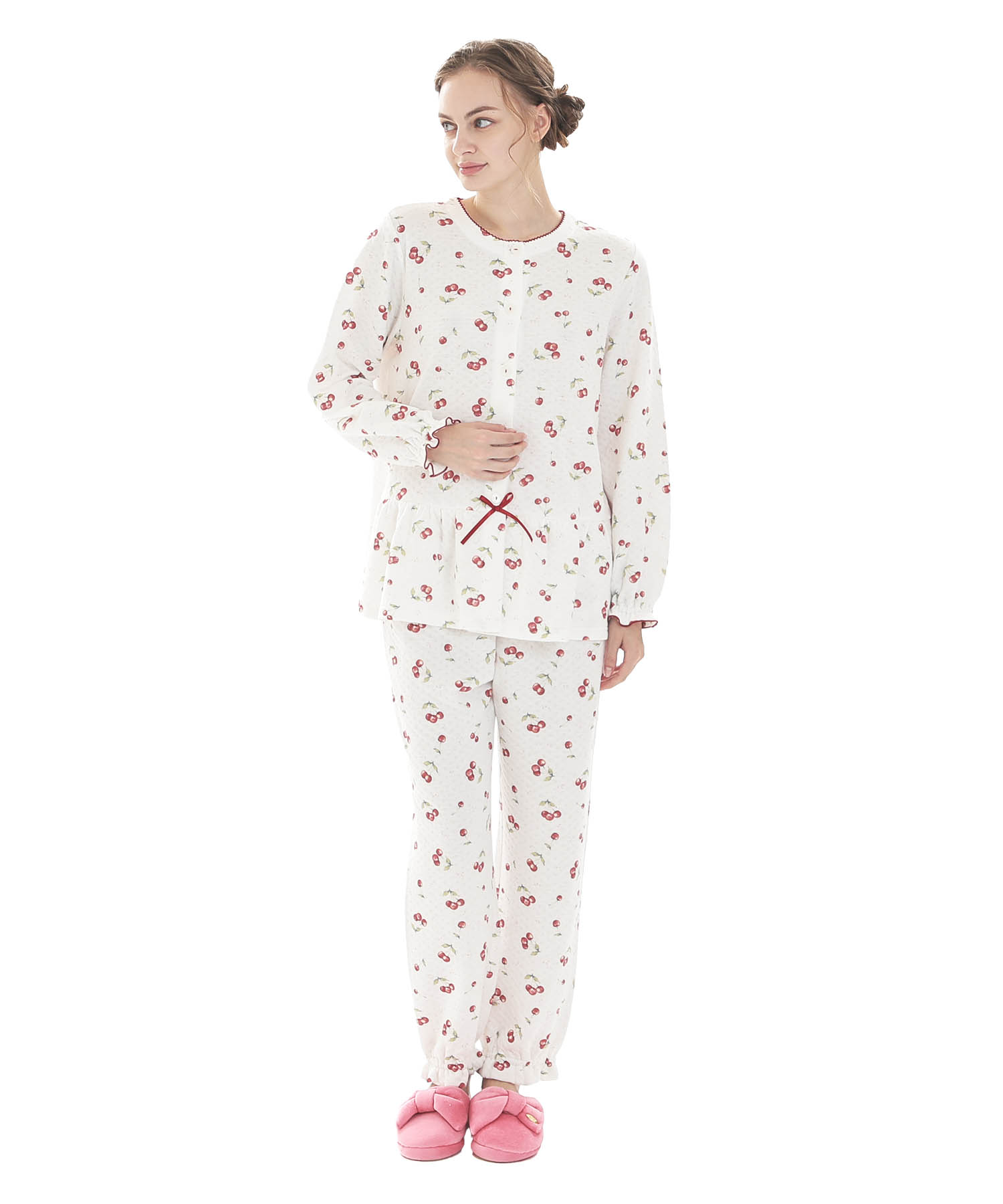 接結（綿入り）チェリーペプラムパジャマ_パジャマ&ルームウェア-セットアップ_ホワイト_1