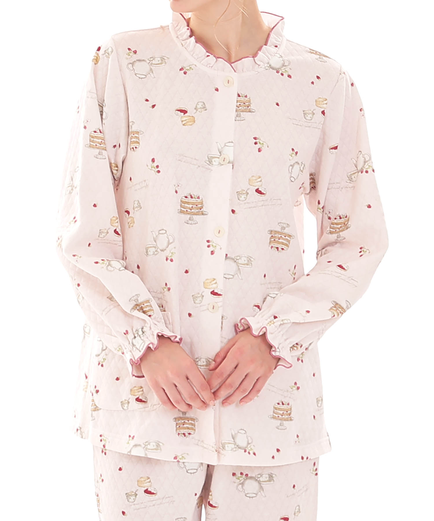 接結（綿入り）アフタヌーンティーフリルパジャマ_パジャマ&ルームウェア-セットアップ_ピンク_0