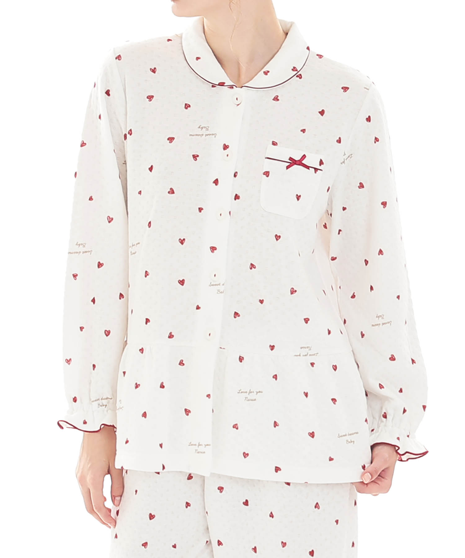 接結（綿入り）ハートシャツパジャマ_パジャマ&ルームウェア-セットアップ_ホワイト_0