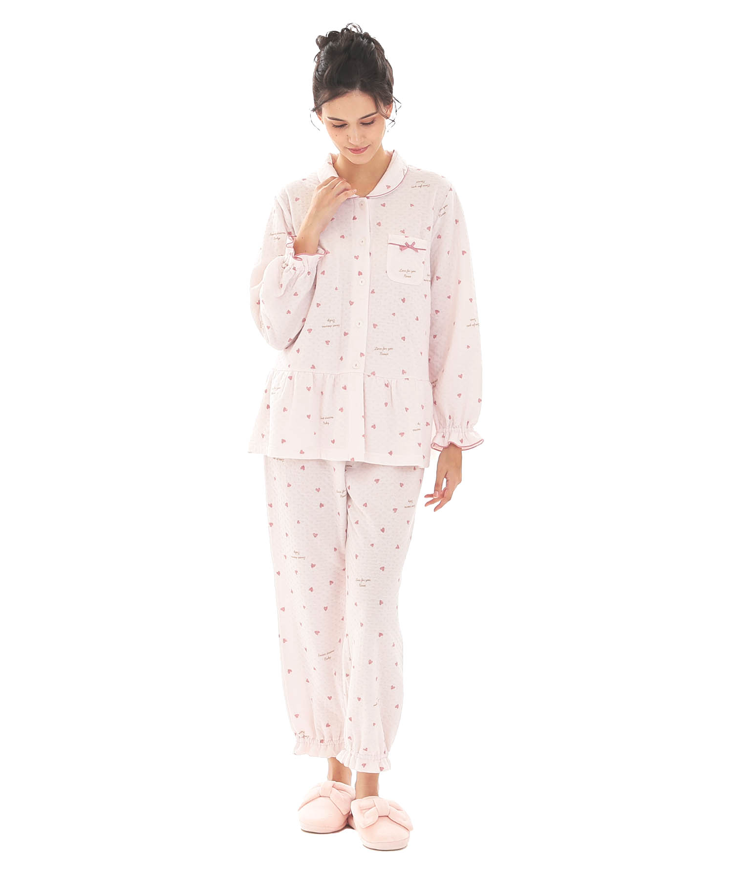 接結（綿入り）ハートシャツパジャマ_パジャマ&ルームウェア-セットアップ_ピンク_1