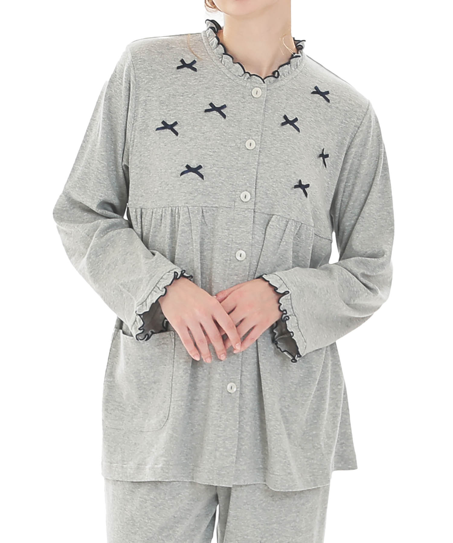 スムースムジリボンパジャマ_パジャマ&ルームウェア-セットアップ_グレー_0