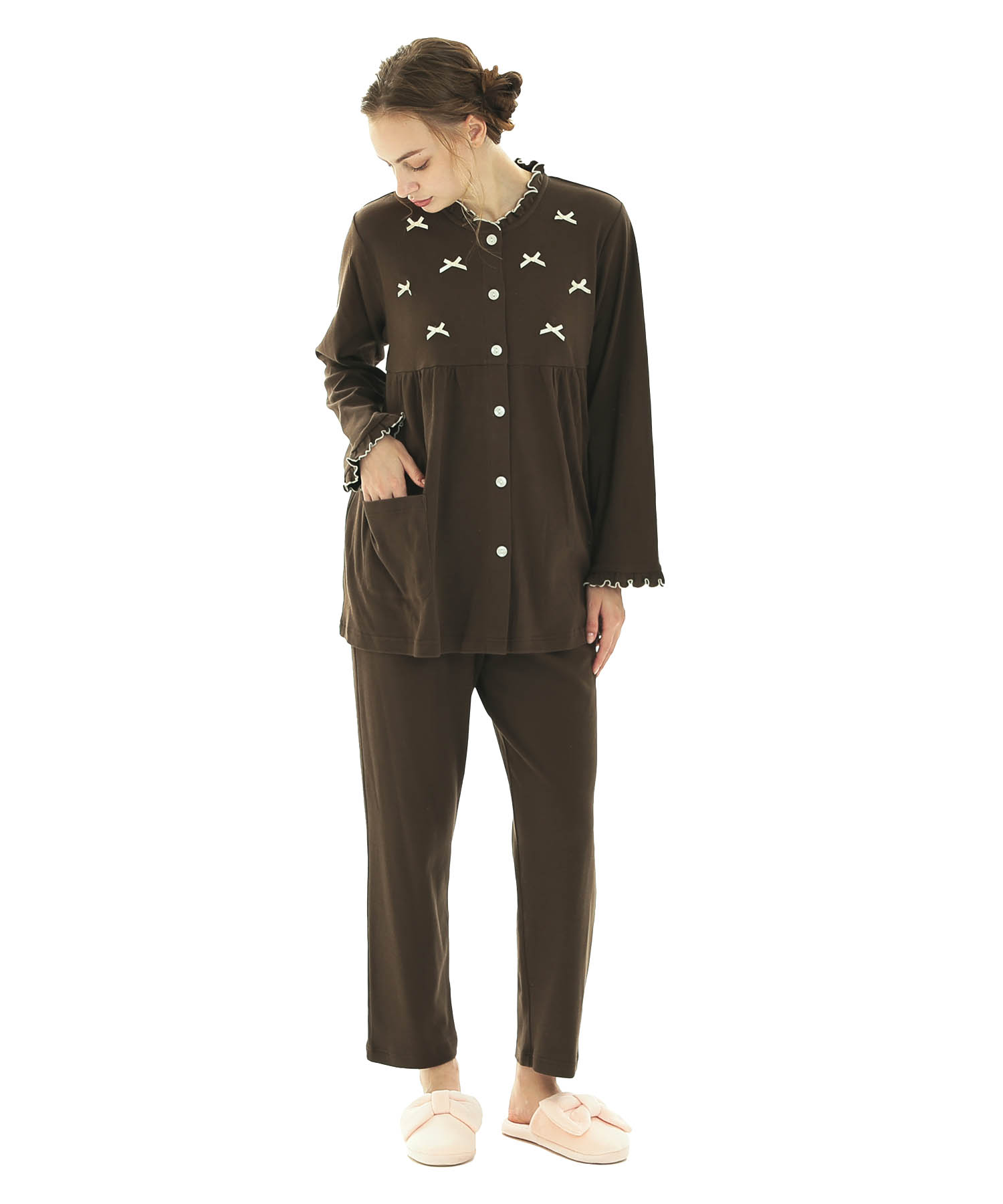 スムースムジリボンパジャマ_パジャマ&ルームウェア-セットアップ_ブラウン_1