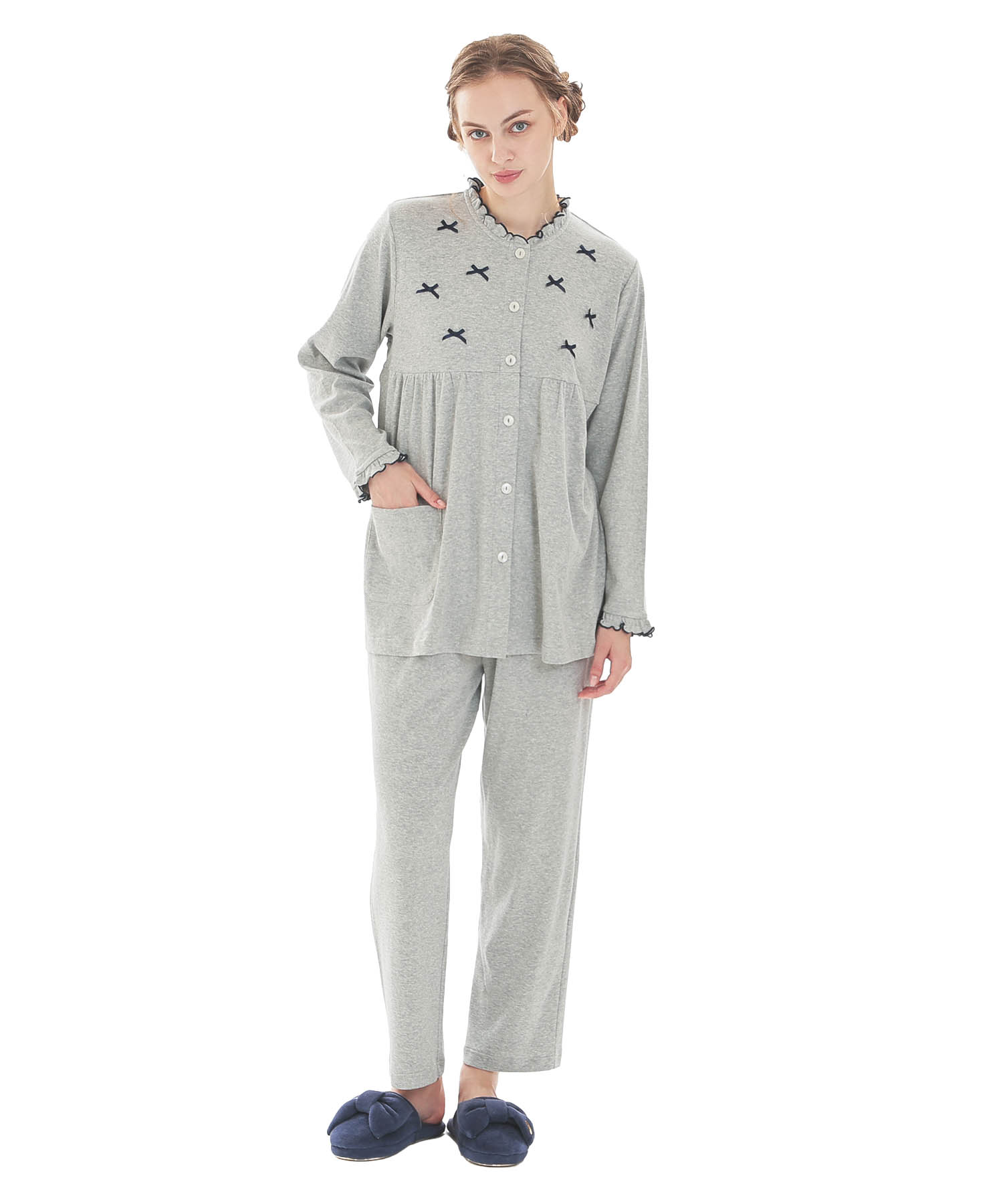 スムースムジリボンパジャマ_パジャマ&ルームウェア-セットアップ_グレー_1