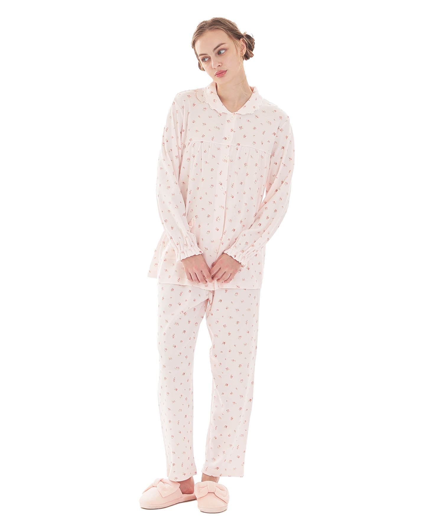 スムース小花ギャザーパジャマ_パジャマ&ルームウェア-セットアップ_ピンク_1