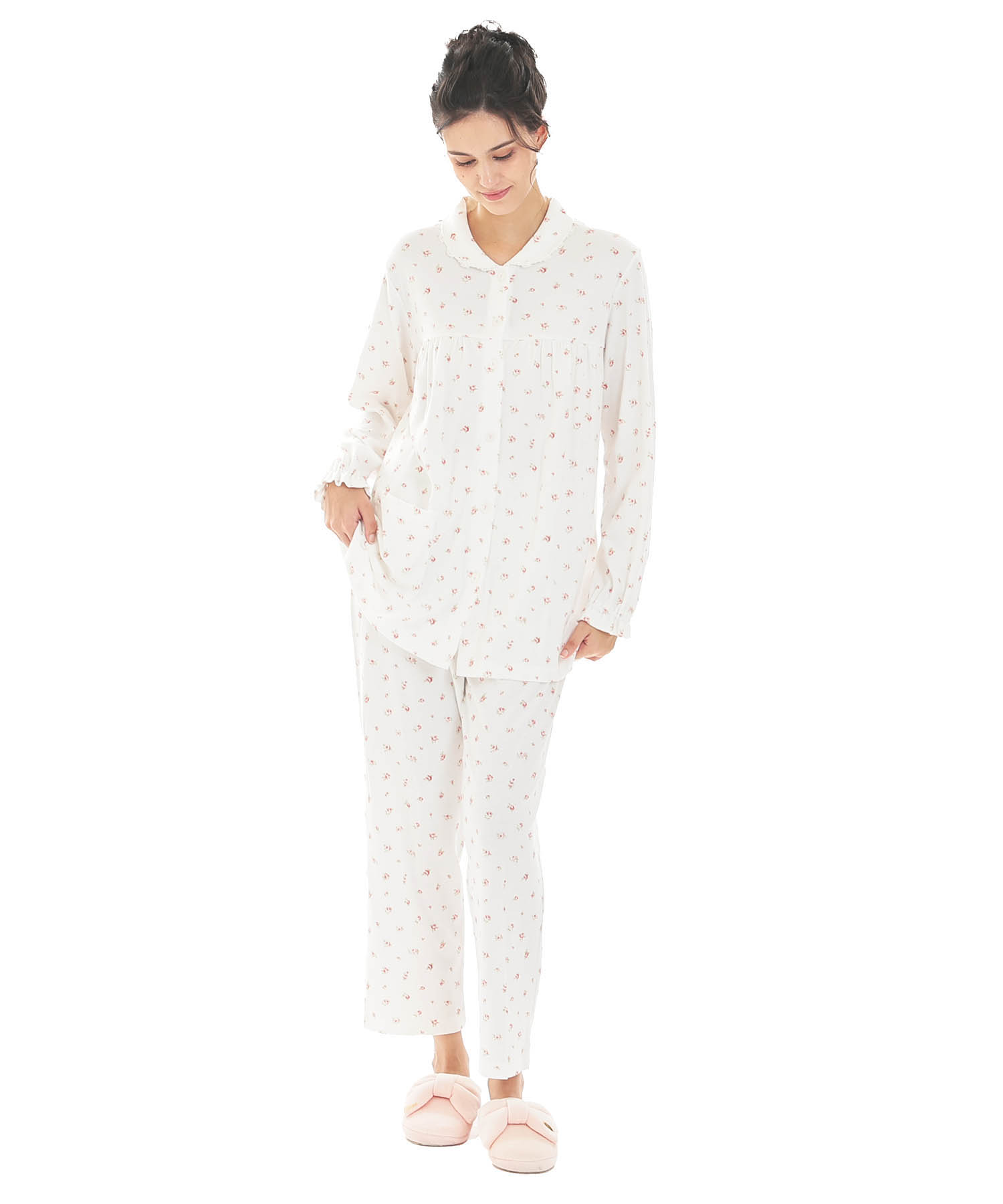 スムース小花ギャザーパジャマ_パジャマ&ルームウェア-セットアップ_ホワイト_1