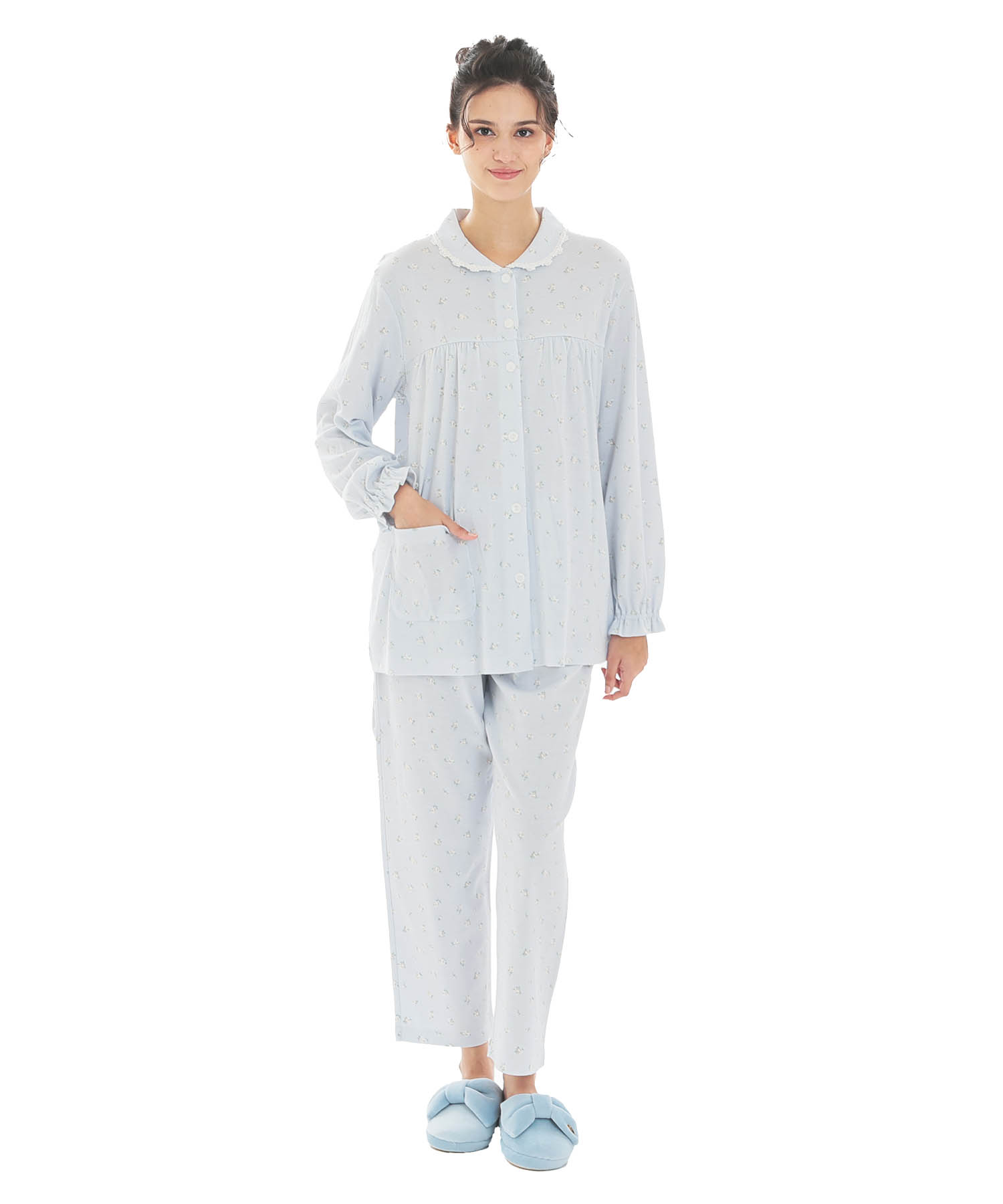 スムース小花ギャザーパジャマ_パジャマ&ルームウェア-セットアップ_ブルー_1