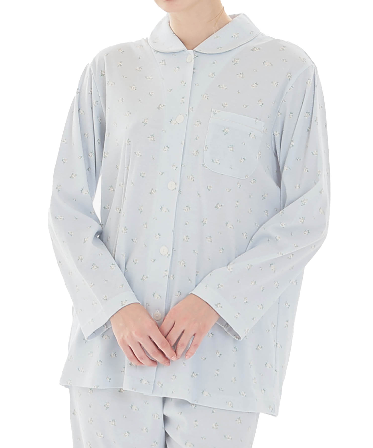 スムース小花シャツパジャマ_パジャマ&ルームウェア-セットアップ_ブルー_0