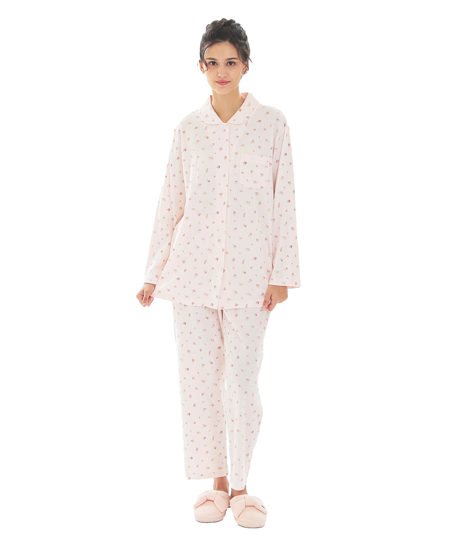 スムース小花シャツパジャマ_パジャマ&ルームウェア-セットアップ_ピンク_1