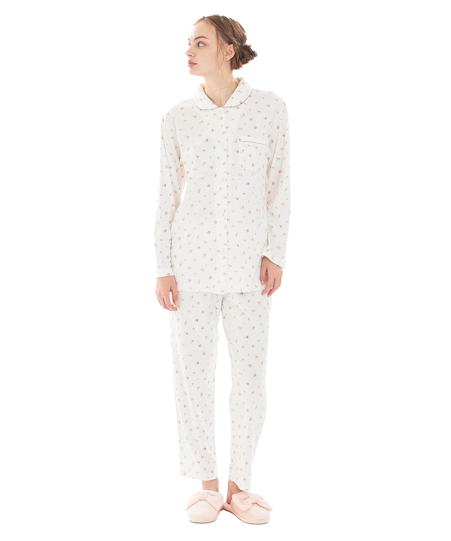 スムース小花シャツパジャマ_パジャマ&ルームウェア-セットアップ_ホワイト_1