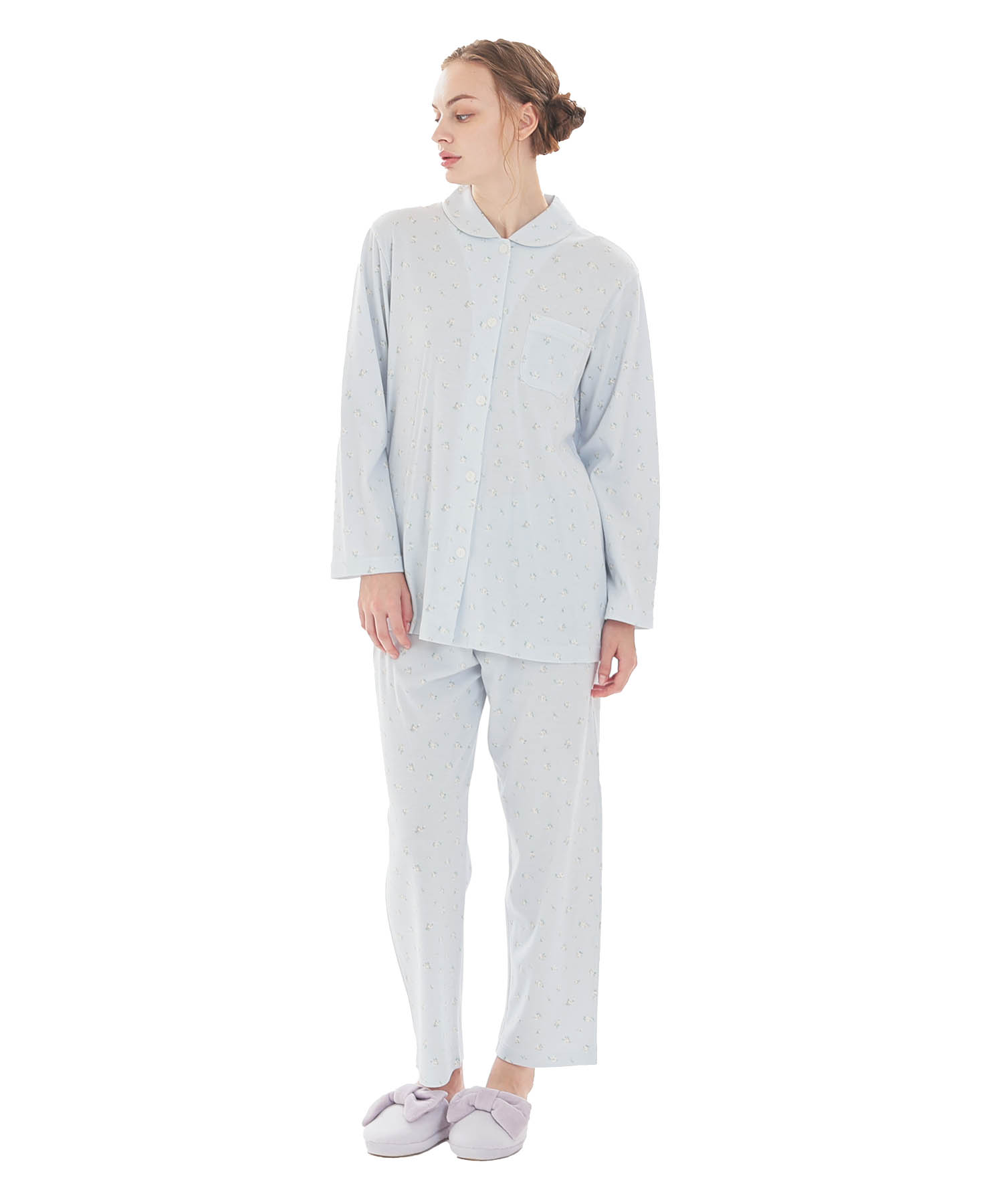 スムース小花シャツパジャマ_パジャマ&ルームウェア-セットアップ_ブルー_1