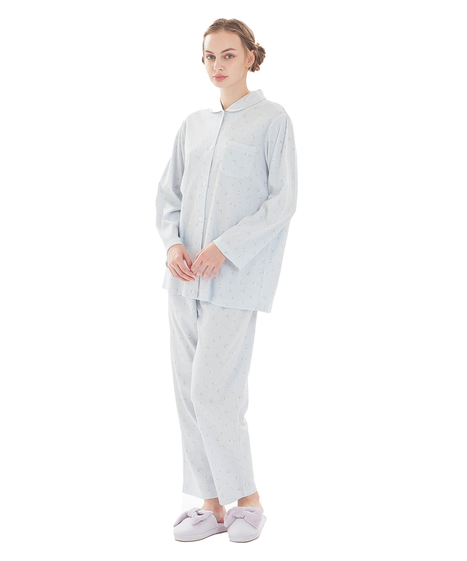 スムース小花シャツパジャマ_パジャマ&ルームウェア-セットアップ_ブルー_2