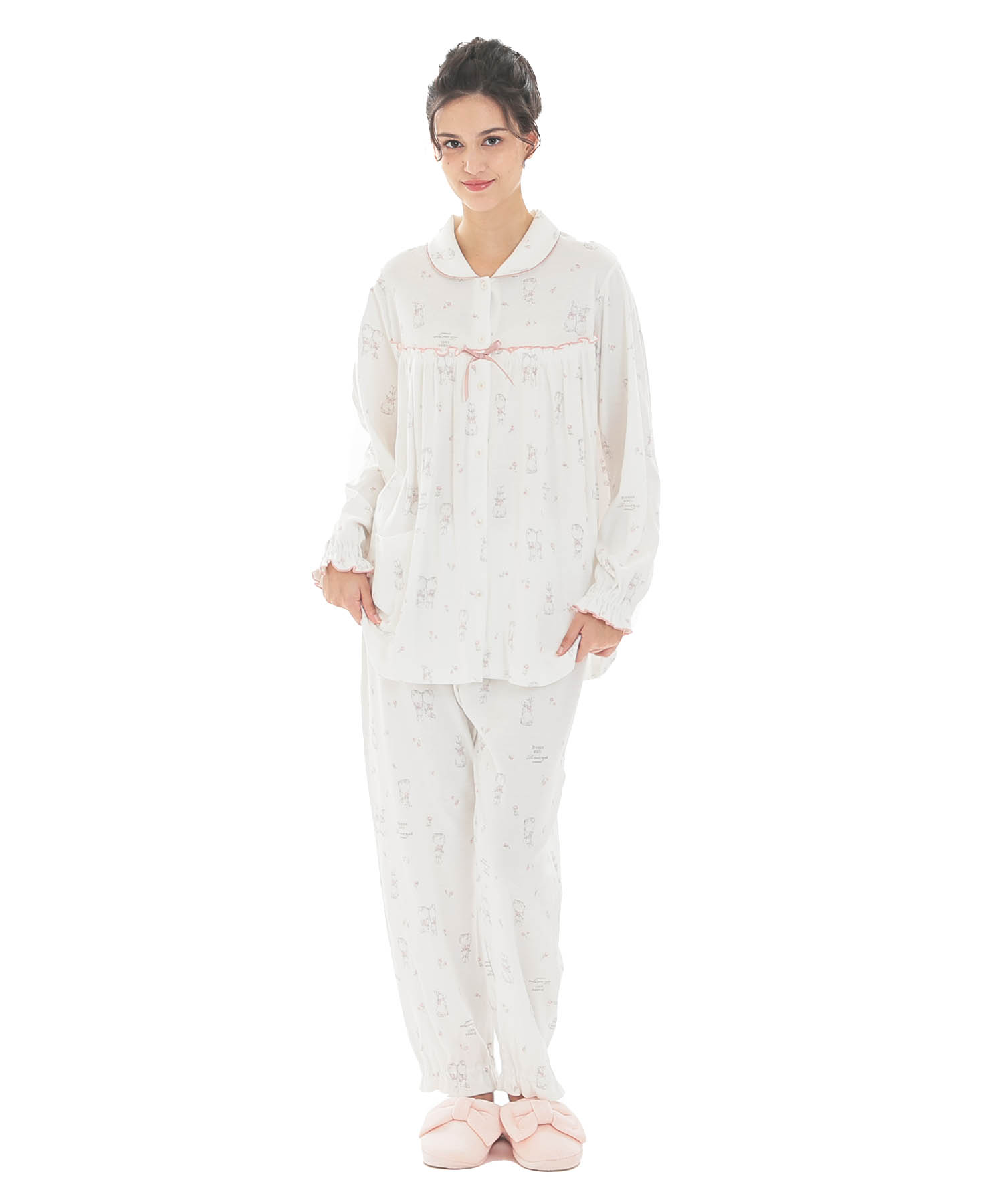 スムースうさぎローズフェミニンパジャマ_パジャマ&ルームウェア-セットアップ_ホワイト_1