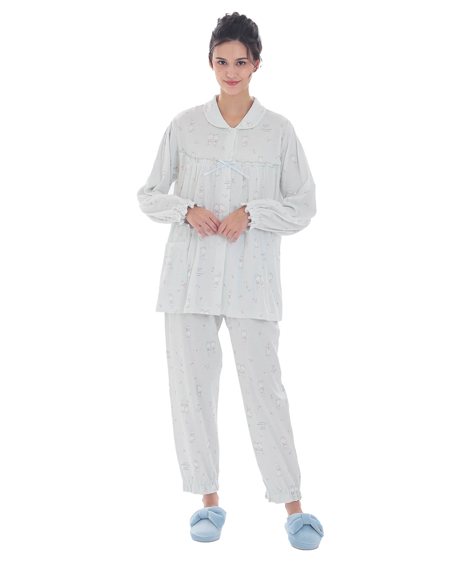 スムースうさぎローズフェミニンパジャマ_パジャマ&ルームウェア-セットアップ_ブルー_1