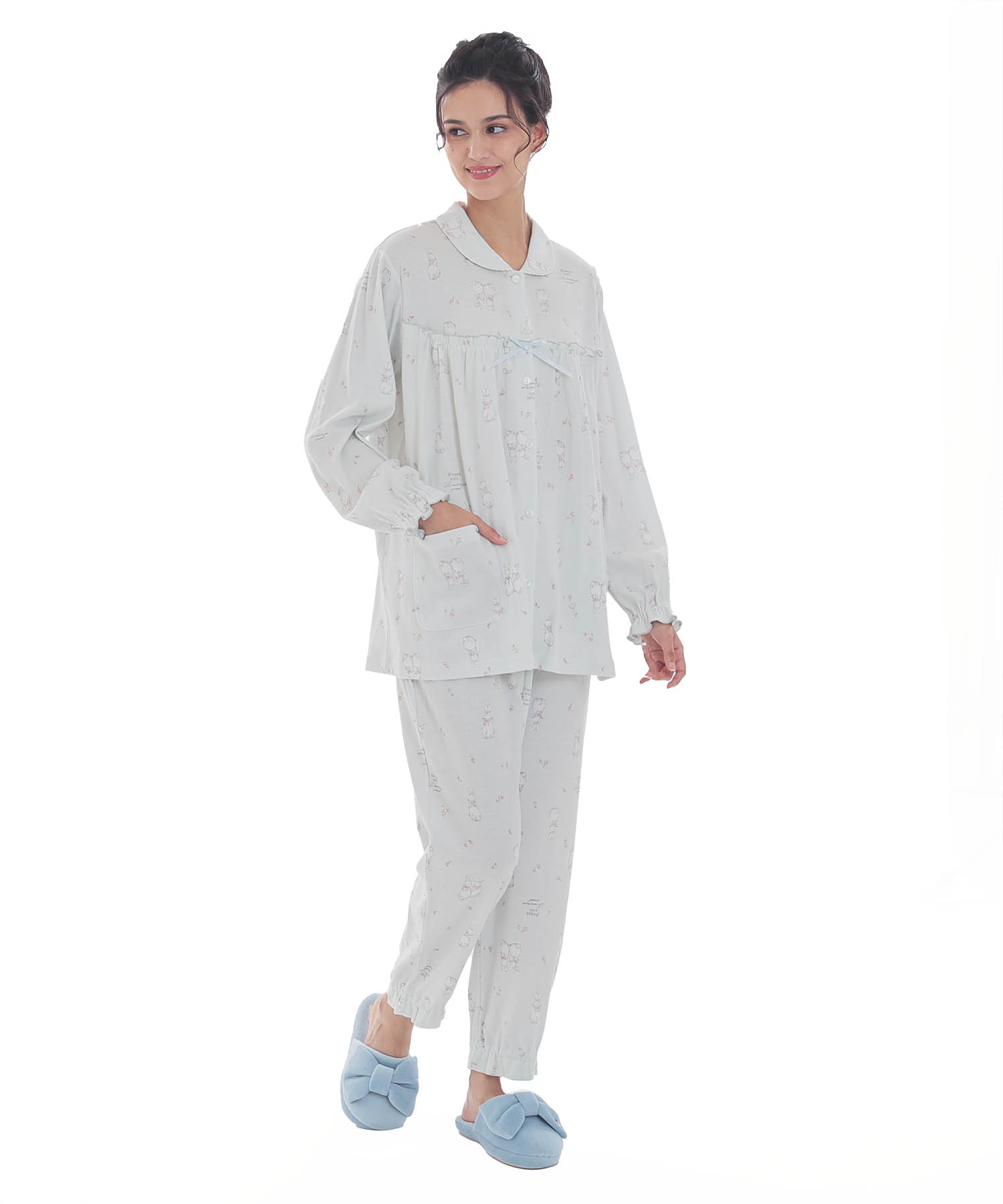 スムースうさぎローズフェミニンパジャマ_パジャマ&ルームウェア-セットアップ_ブルー_2