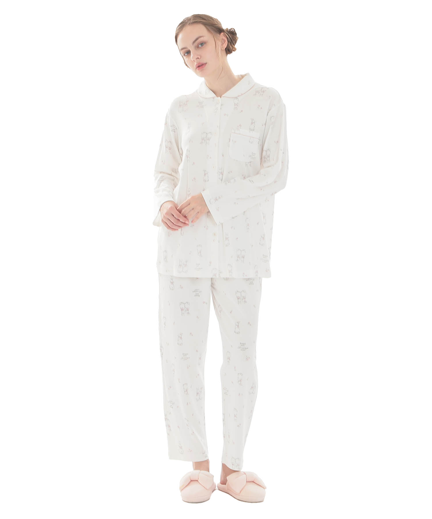 スムースうさぎローズシャツパジャマ_パジャマ&ルームウェア-セットアップ_ホワイト_1