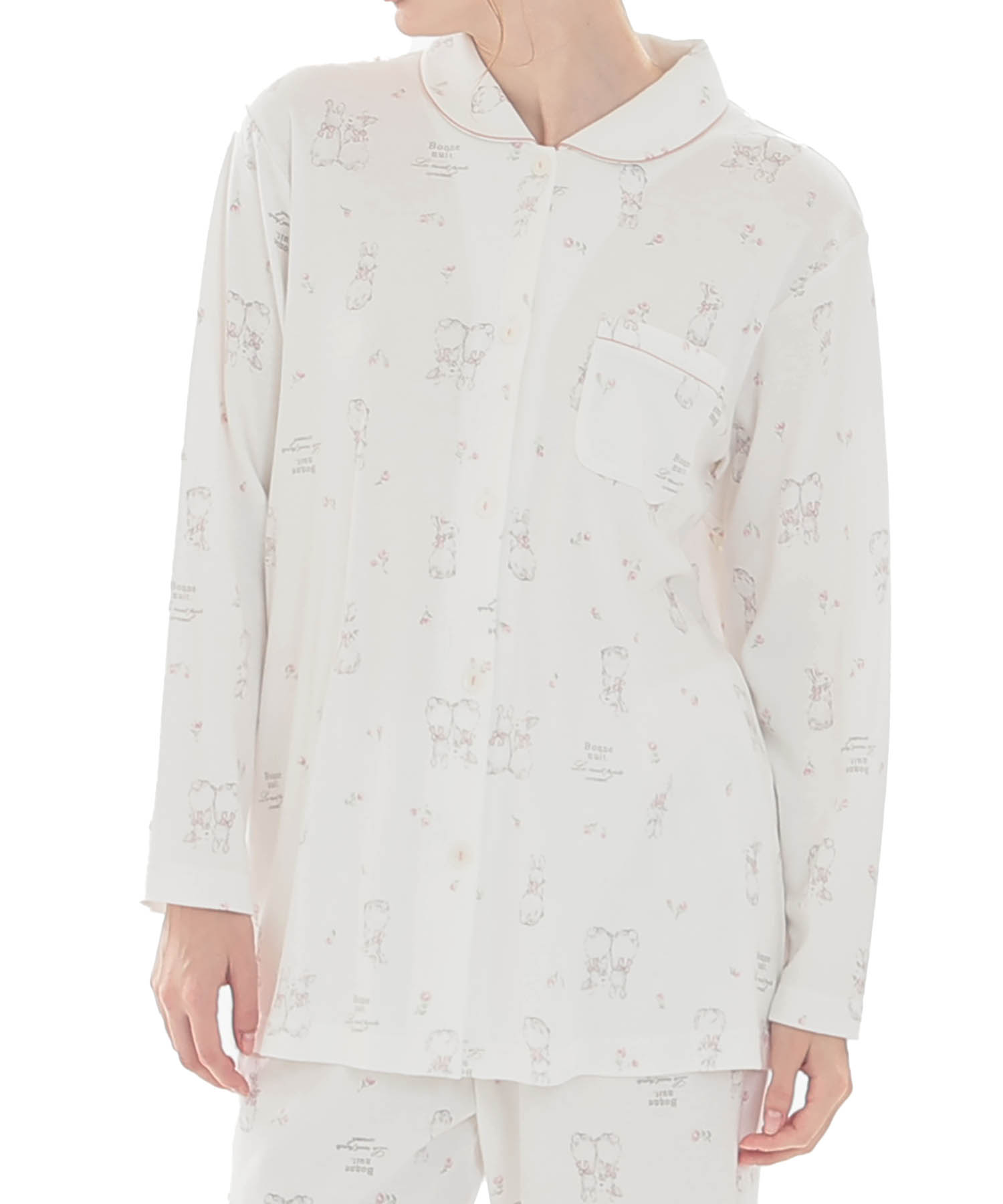 スムースうさぎローズシャツパジャマ_パジャマ&ルームウェア-セットアップ_ホワイト_0