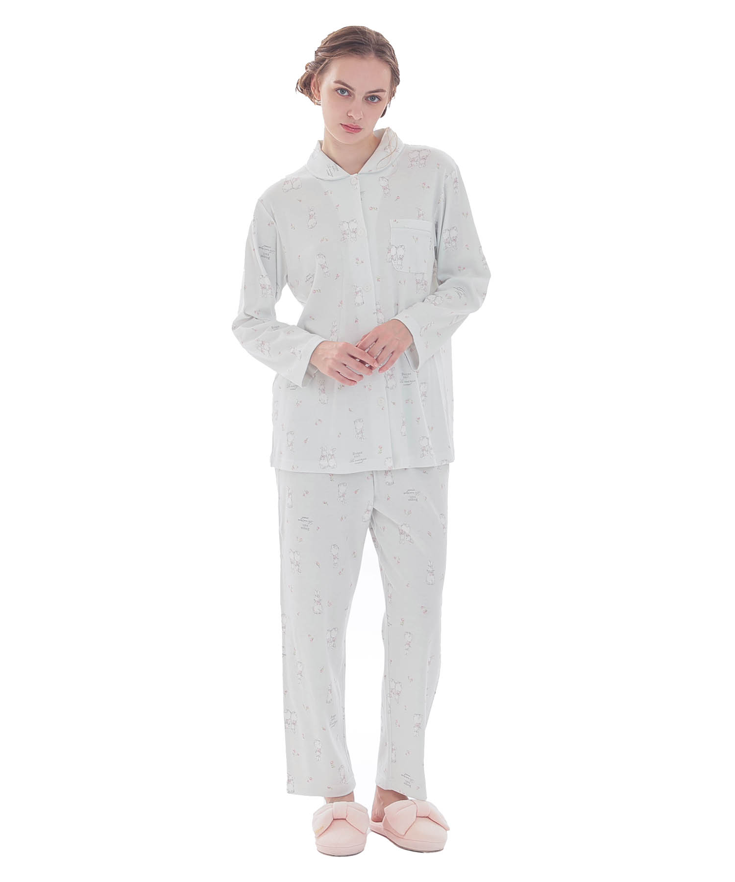 スムースうさぎローズシャツパジャマ_パジャマ&ルームウェア-セットアップ_ブルー_1