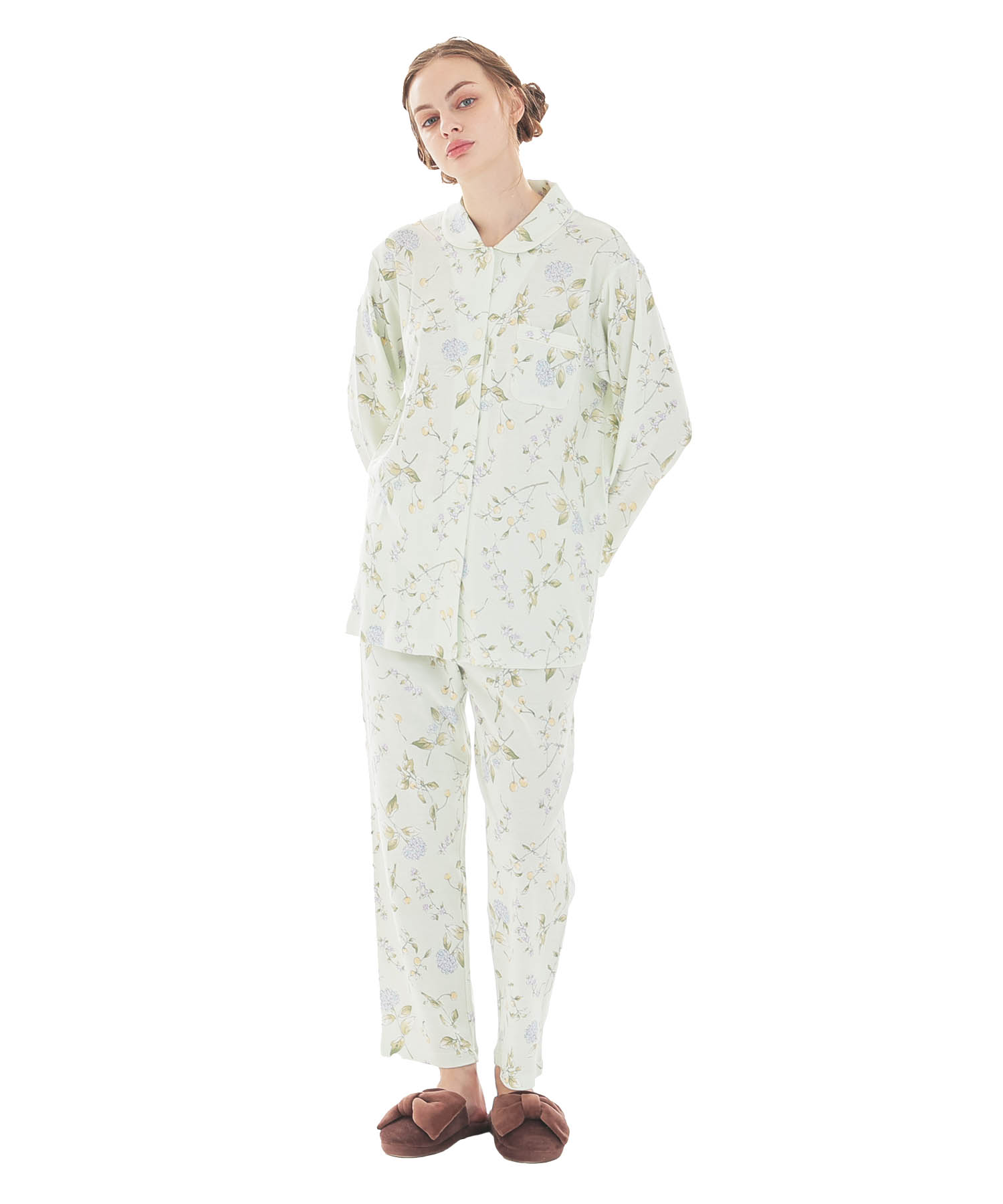 スムースフラワーベリーシャツパジャマ_パジャマ&ルームウェア-セットアップ_グリーン_1