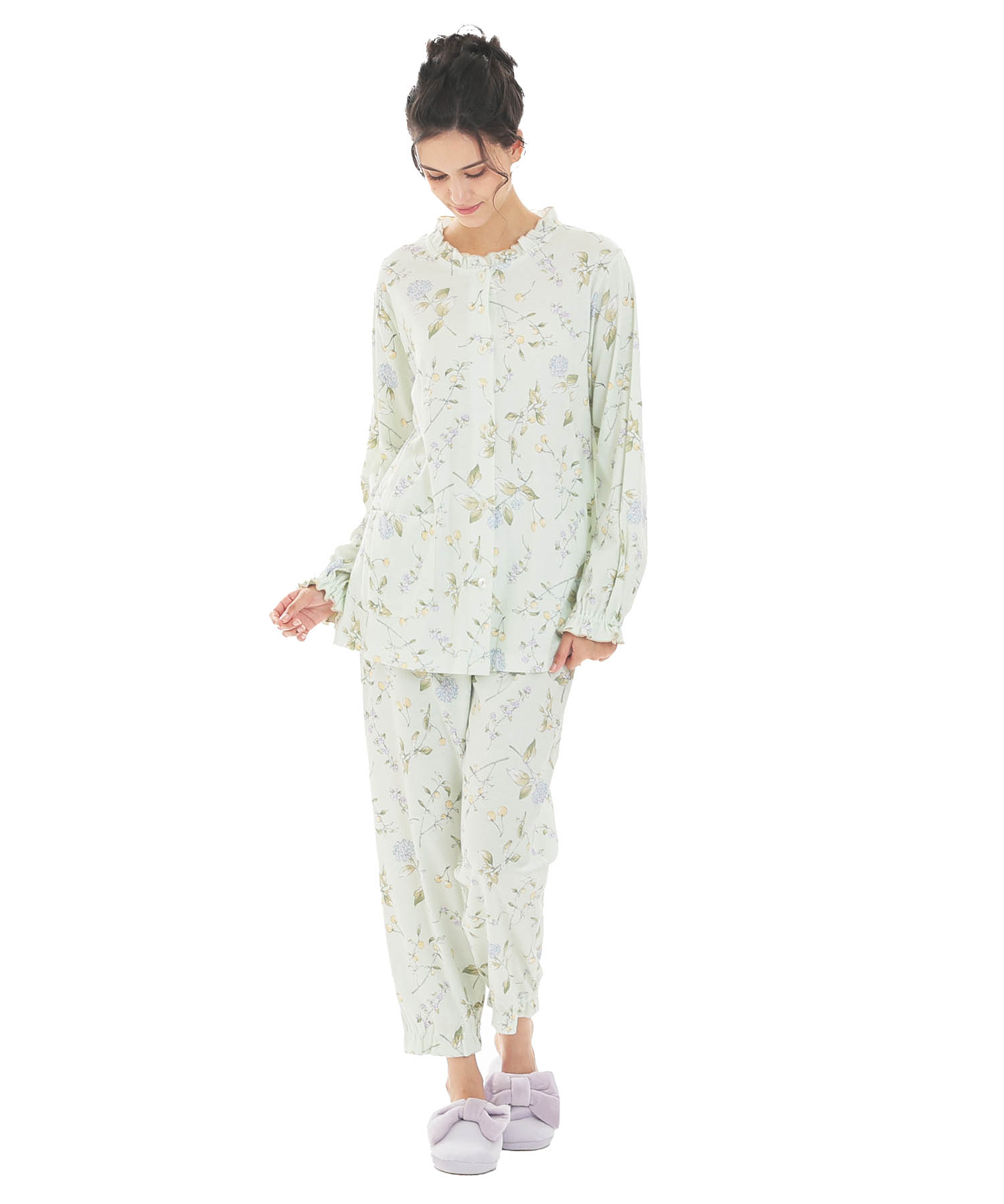 スムースフラワーベリーフリルパジャマ_パジャマ&ルームウェア-セットアップ_グリーン_1